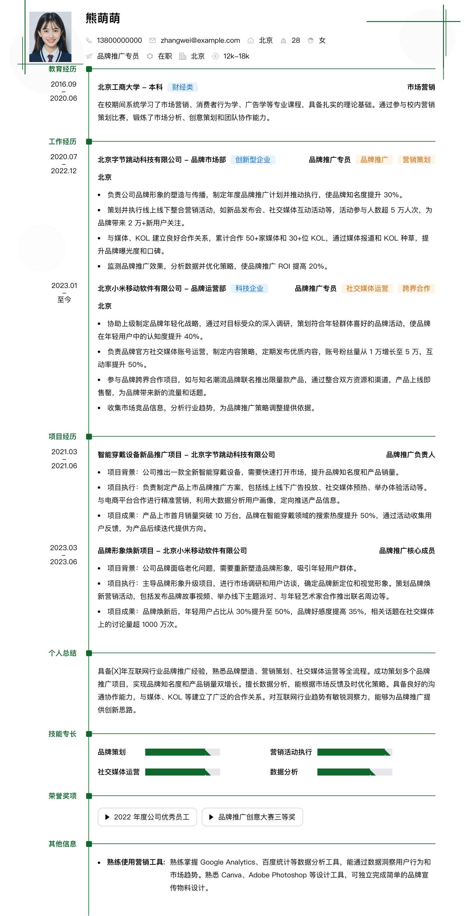 品牌推广专员简历模板
