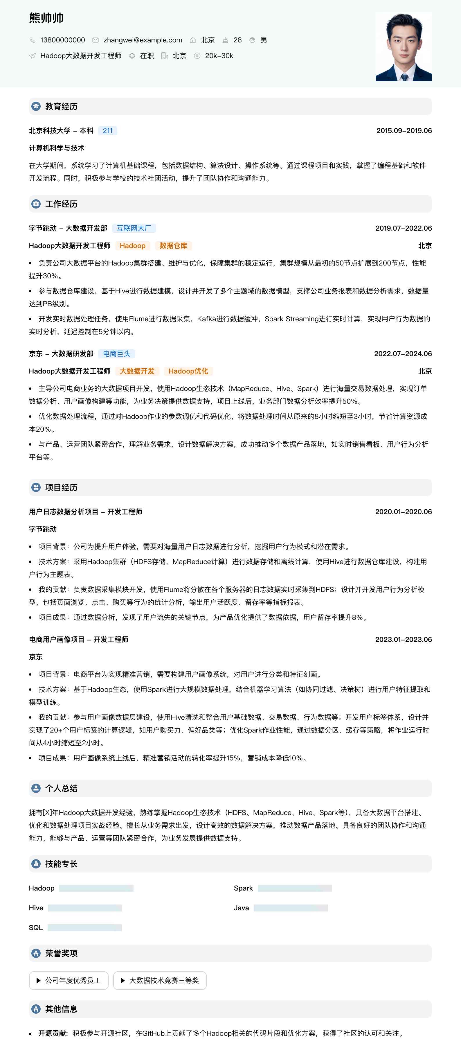 hadoop大数据开发简历模板