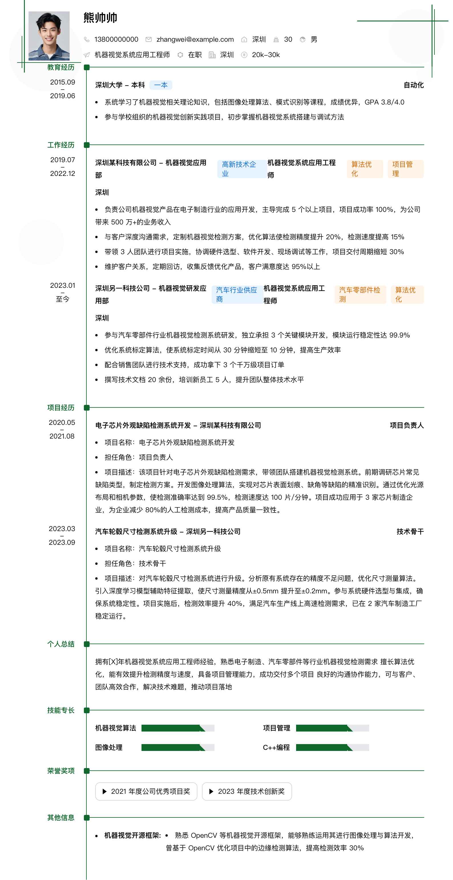 机器视觉系统应用工程师简历模板