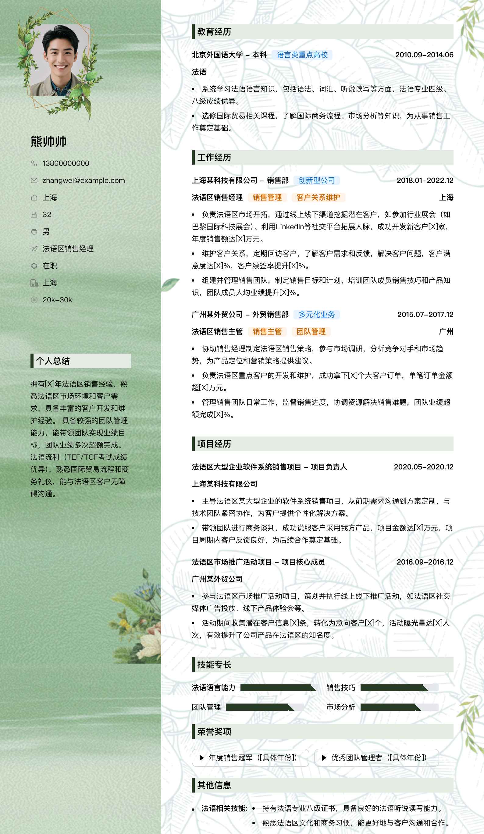 法语区销售经理简历模板