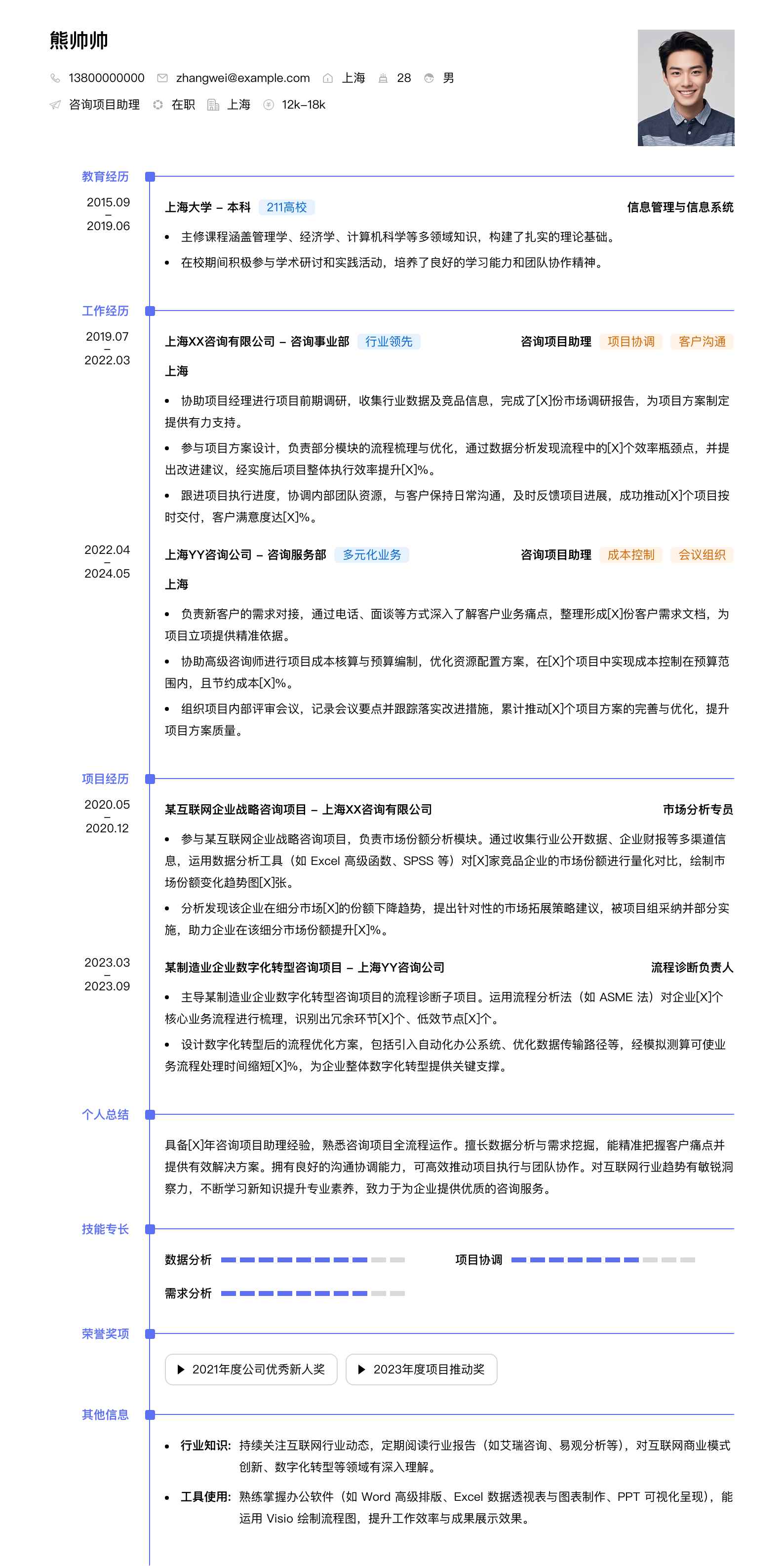 咨询项目助理简历模板