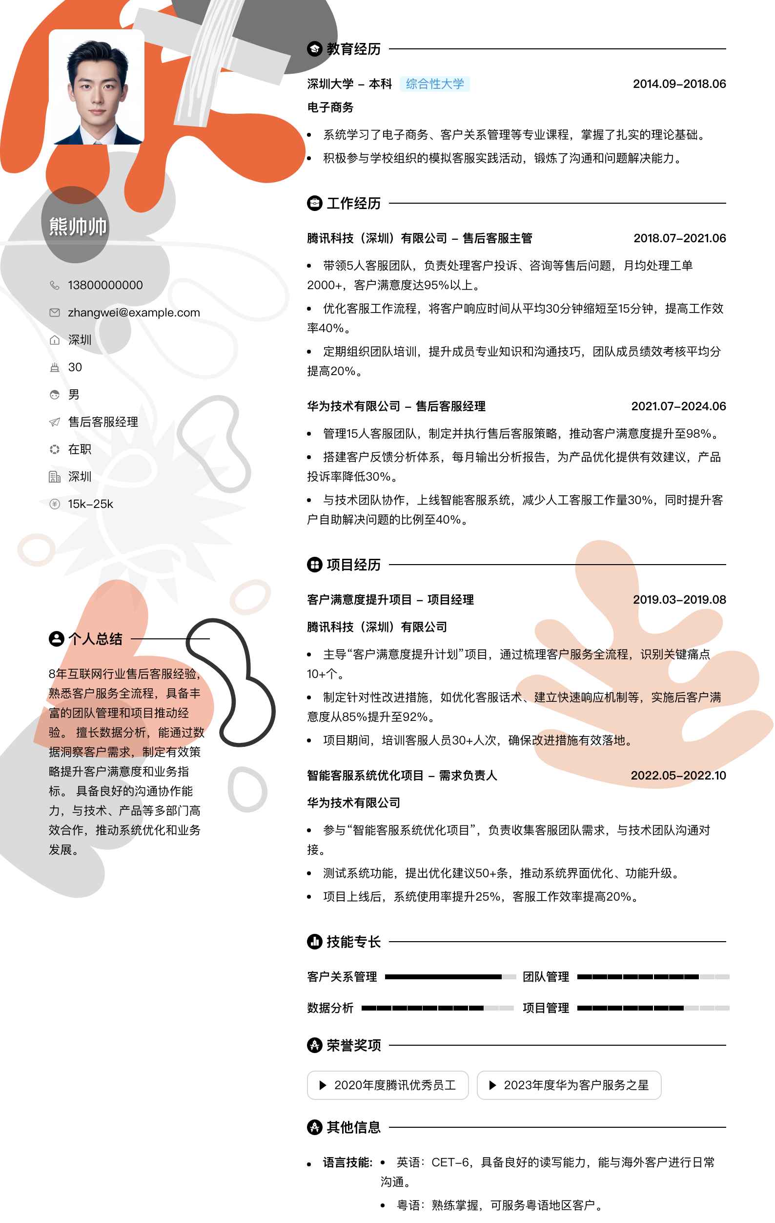 售后客服经理简历模板