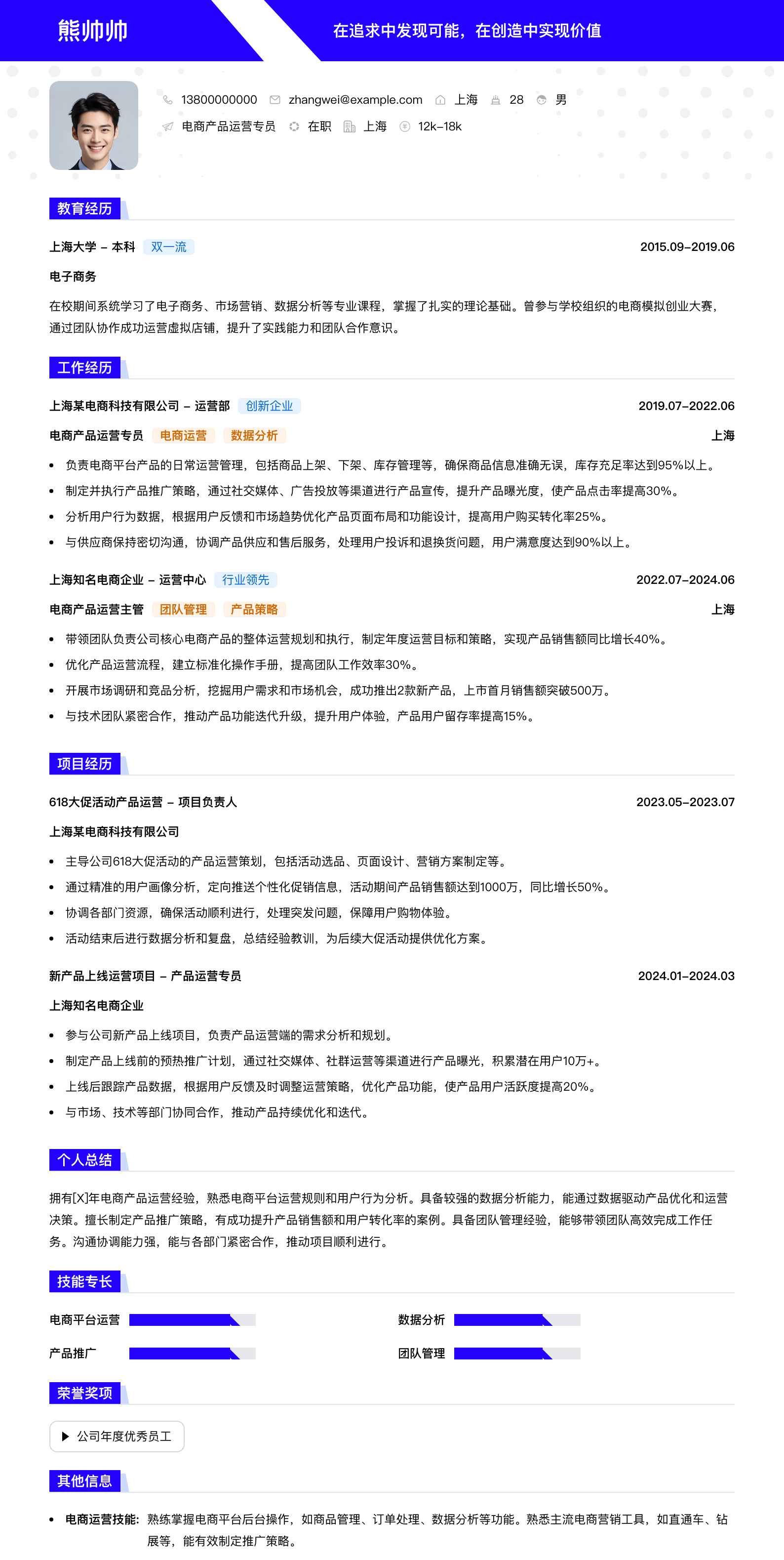 电商产品运营专员简历模板