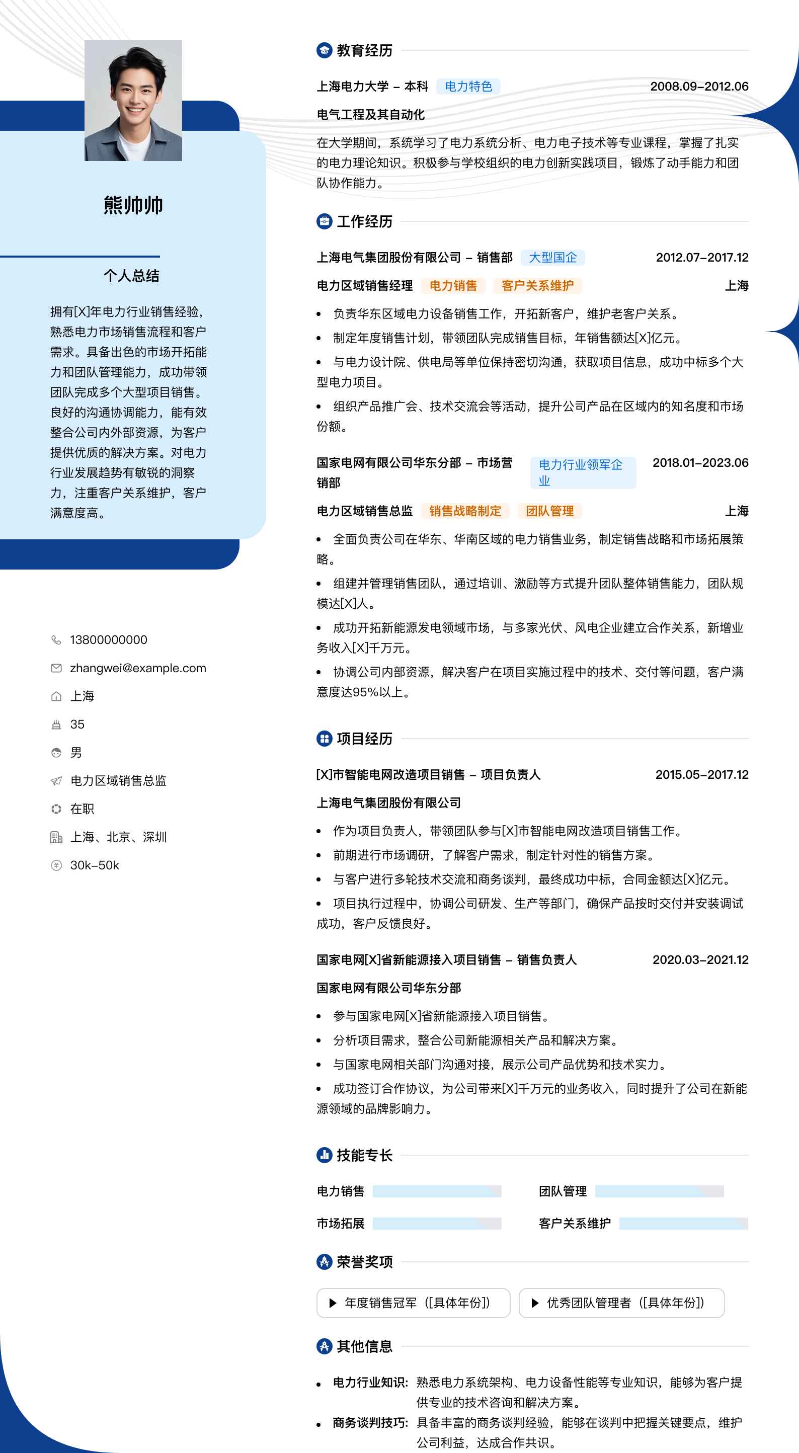 电力区域销售总监简历模板