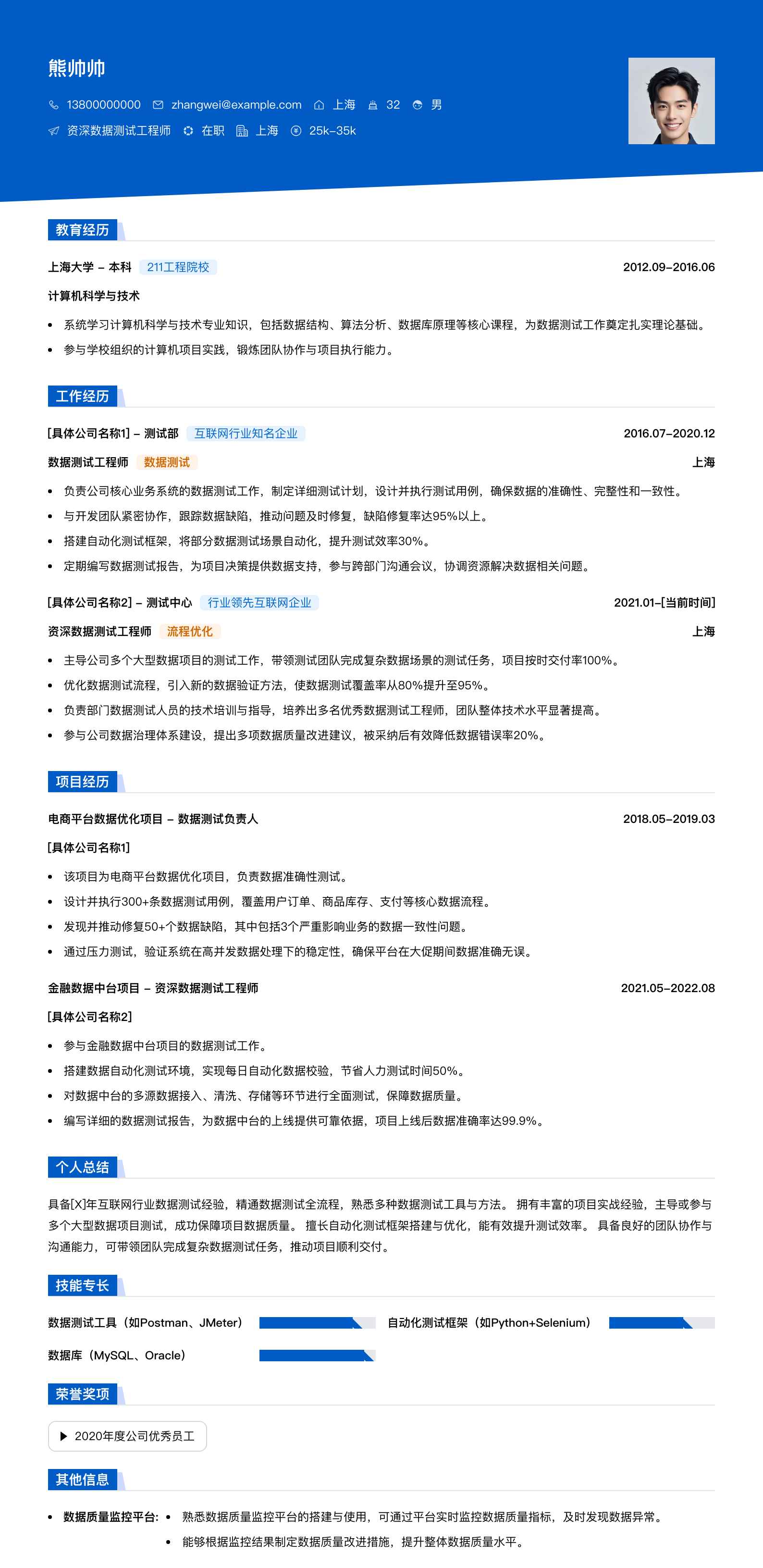 资深数据测试工程师简历模板