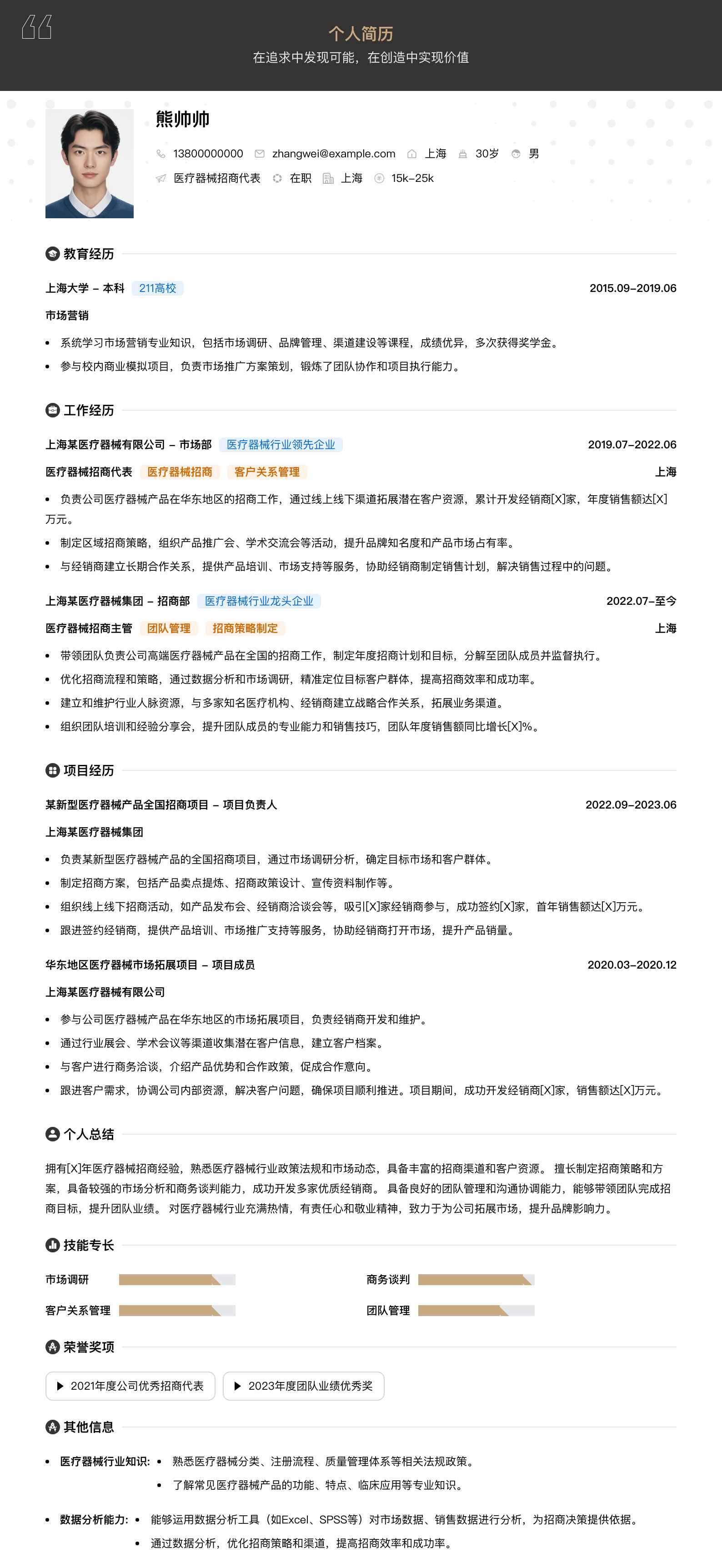 医疗器械招商代表简历模板