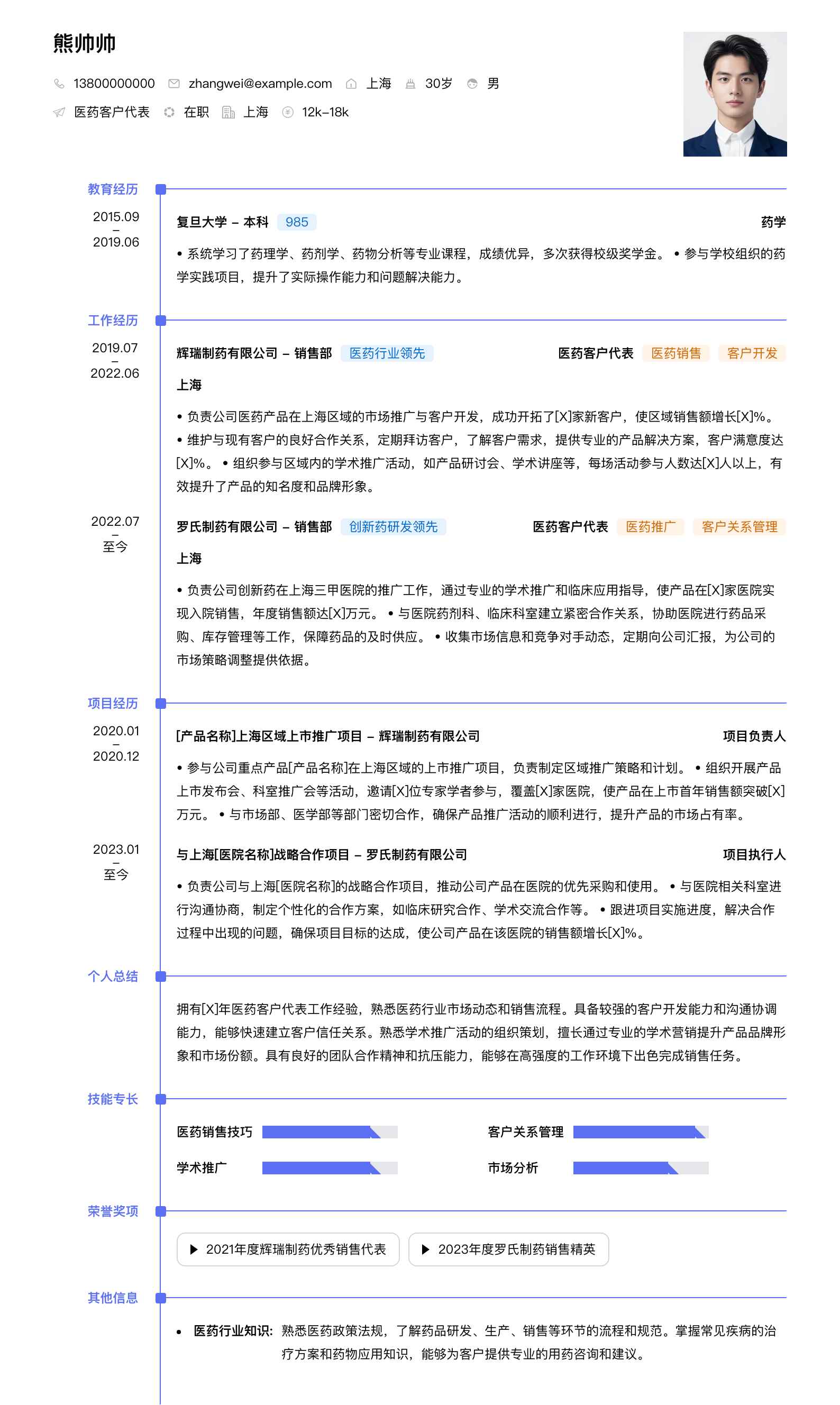医药客户代表简历模板