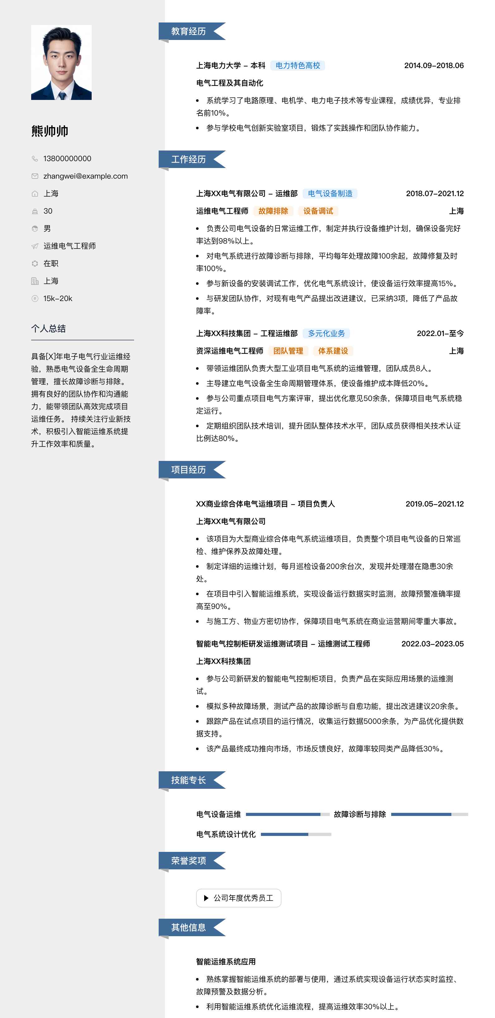运维电气工程师简历模板