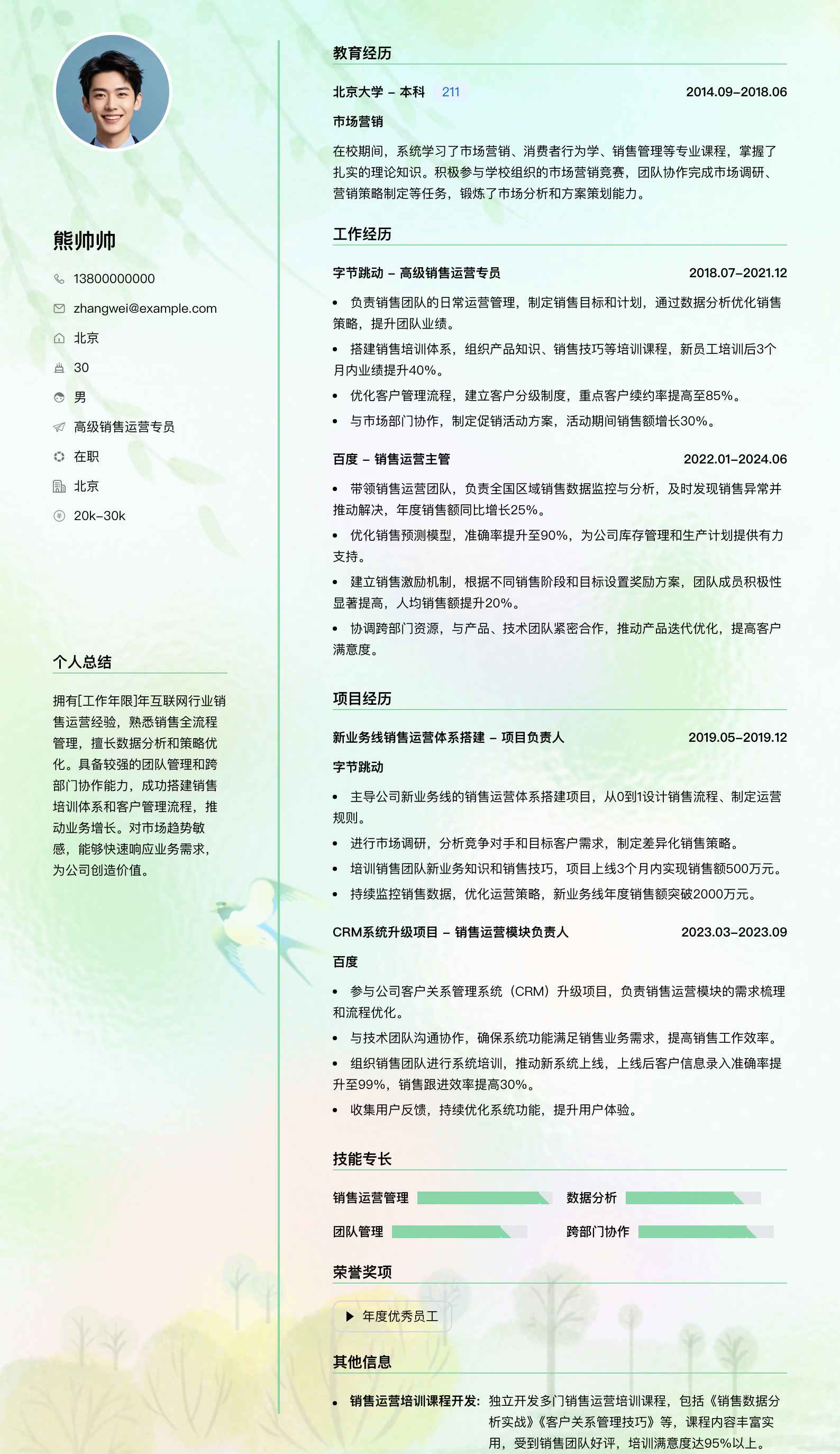 高级销售运营专员简历模板