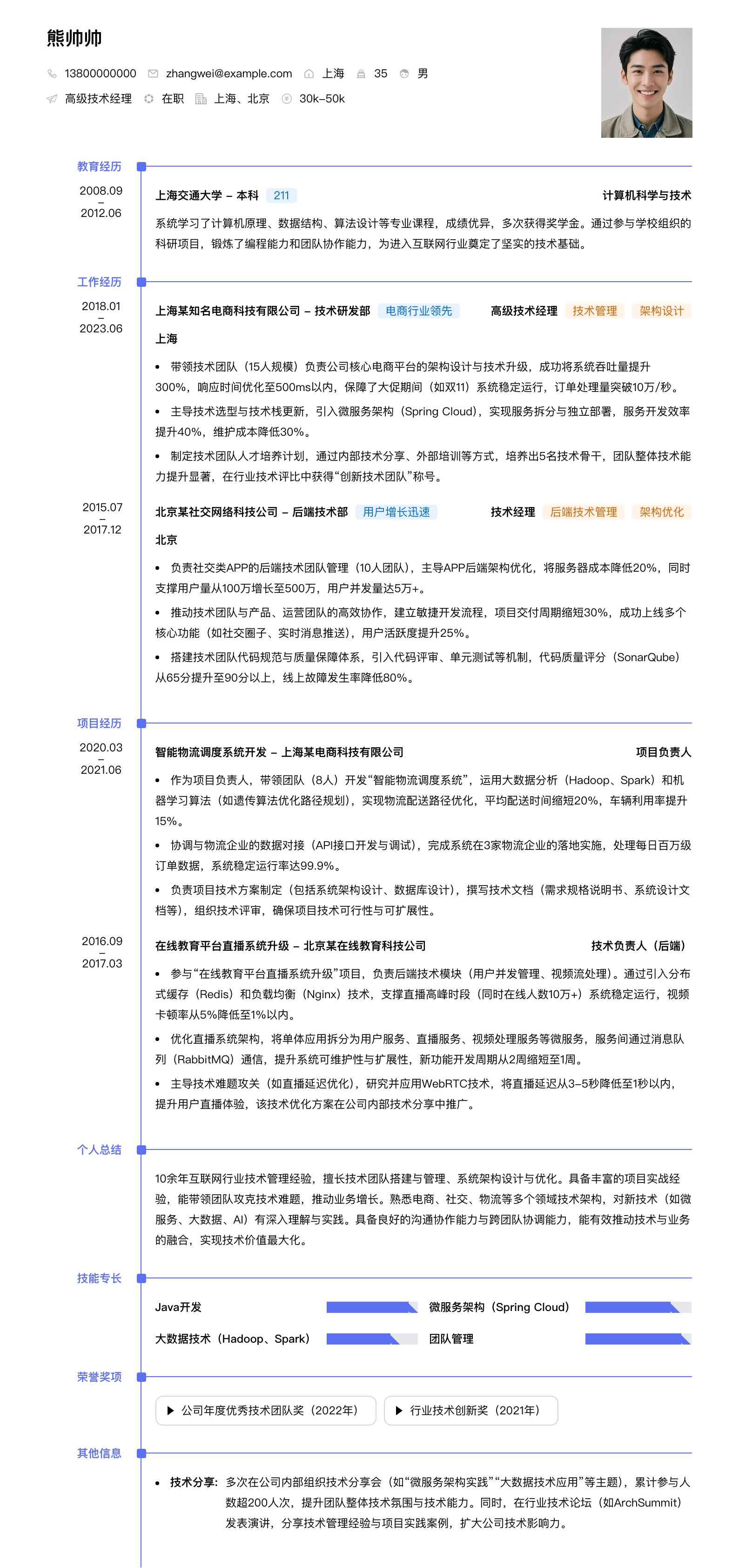 高级技术经理简历模板
