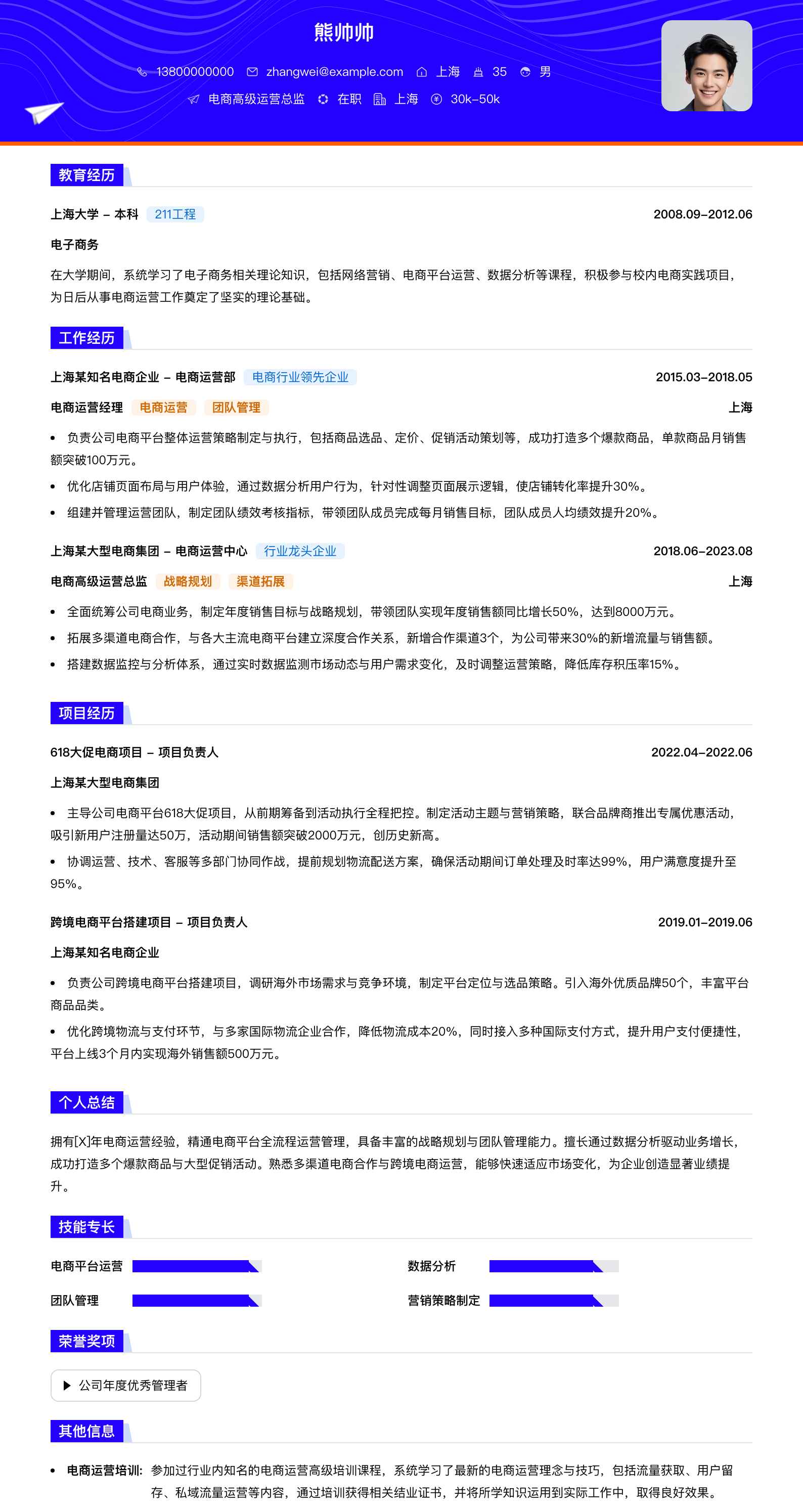 电商高级运营总监简历模板