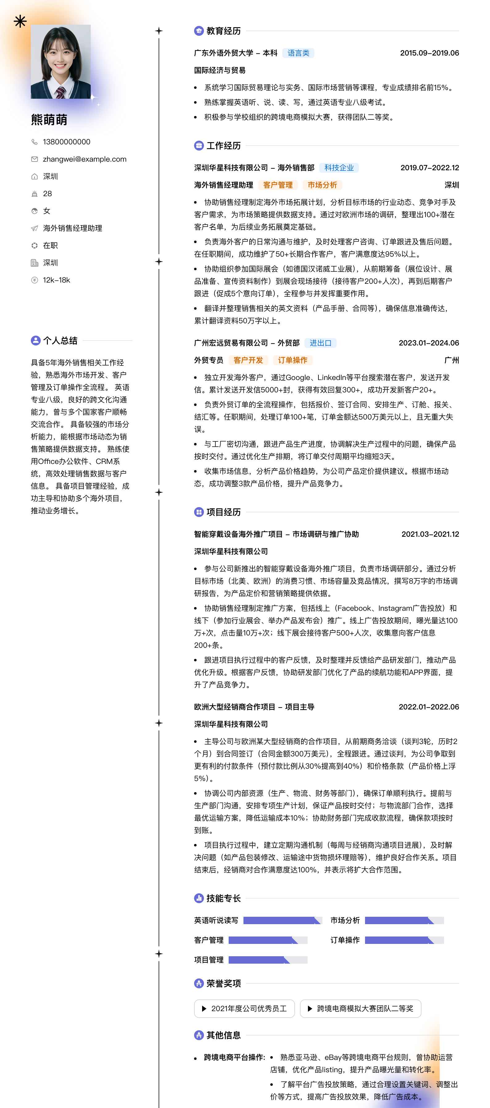 海外销售经理助理简历模板