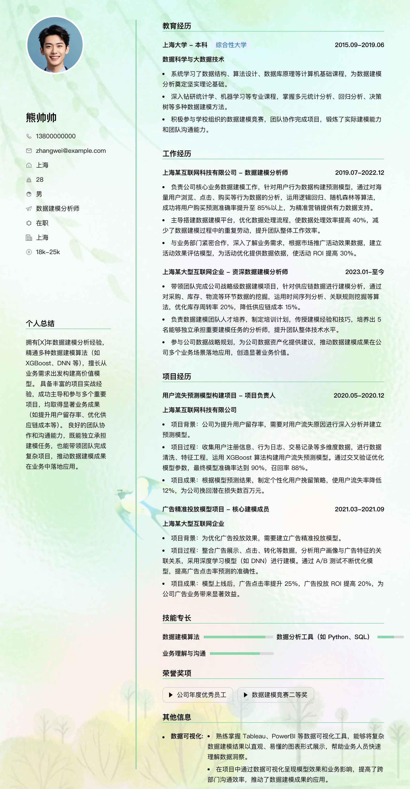 数据建模分析师简历模板