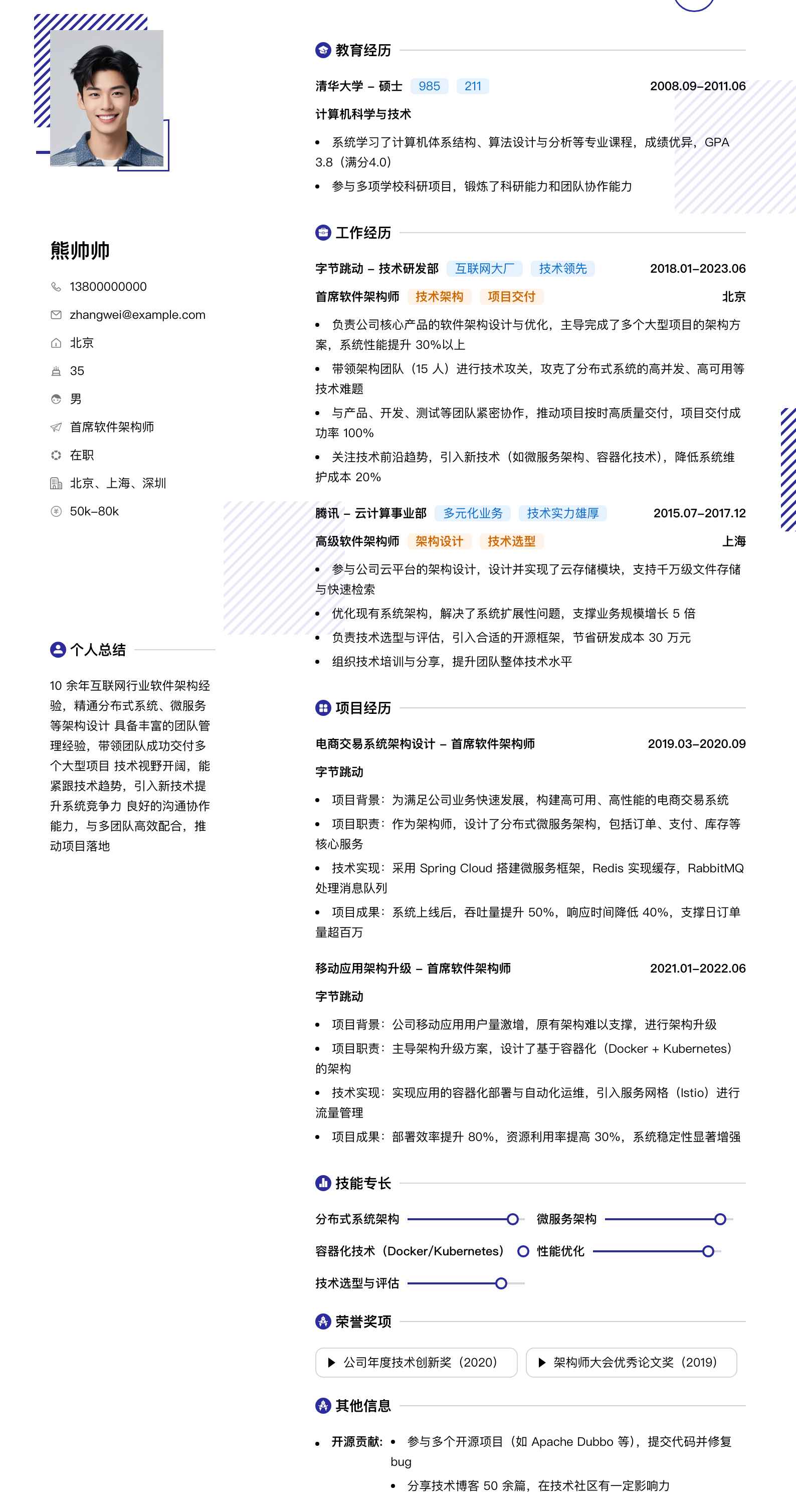 首席软件架构师简历模板