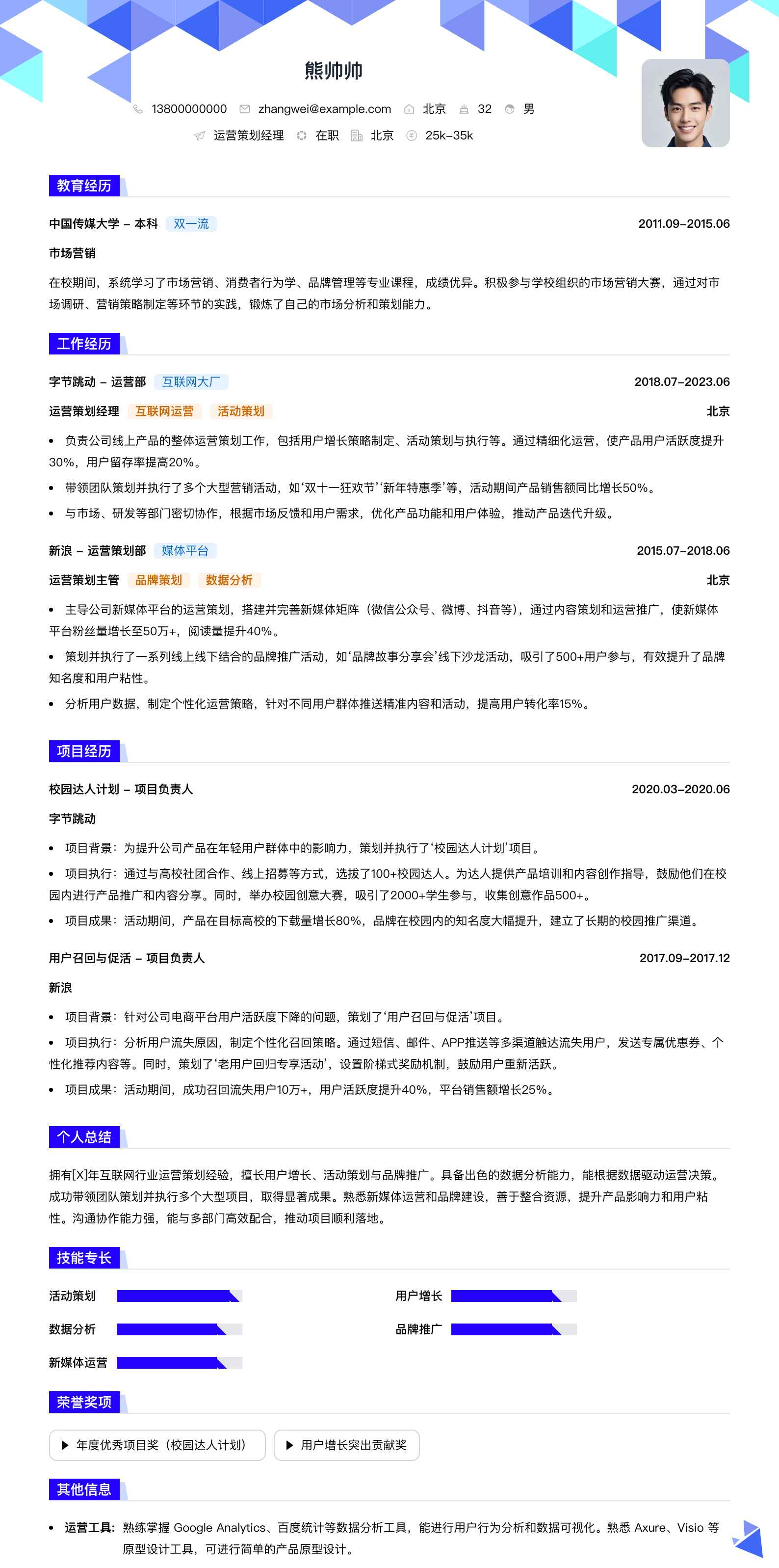 运营策划经理简历模板