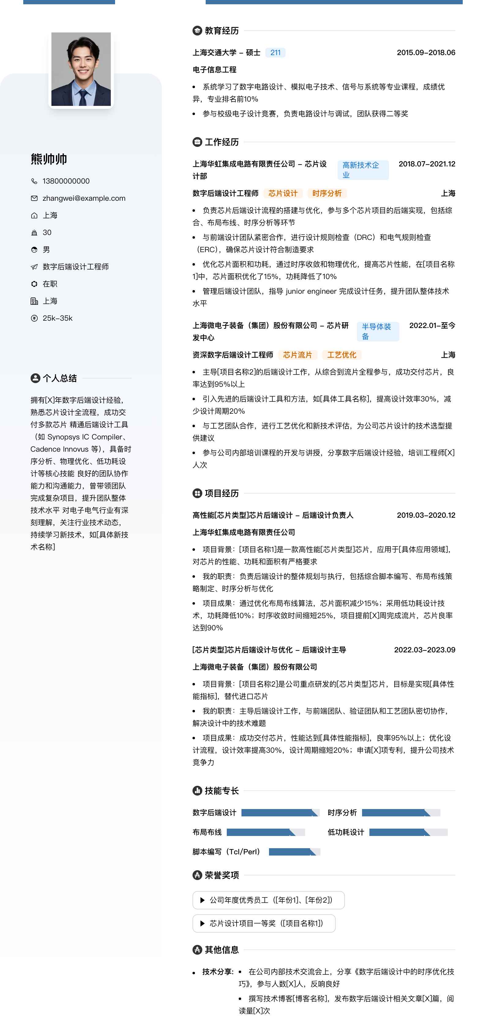 数字后端设计工程师简历模板