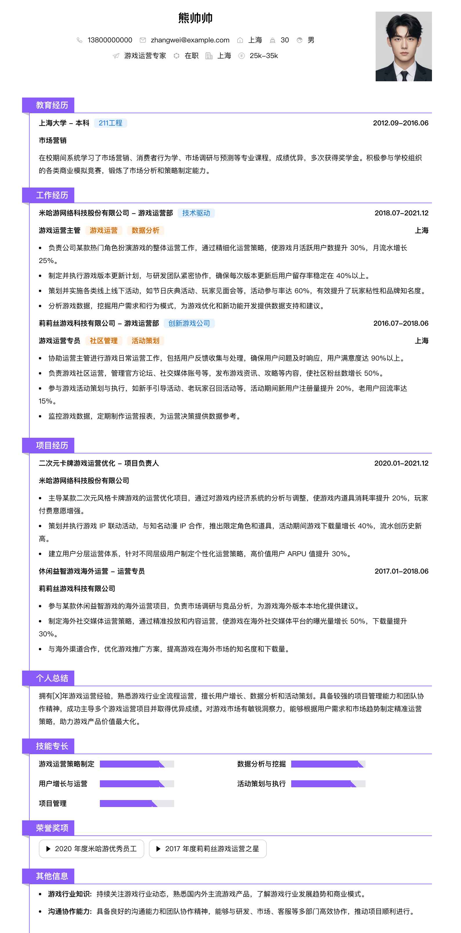 游戏运营专家简历模板
