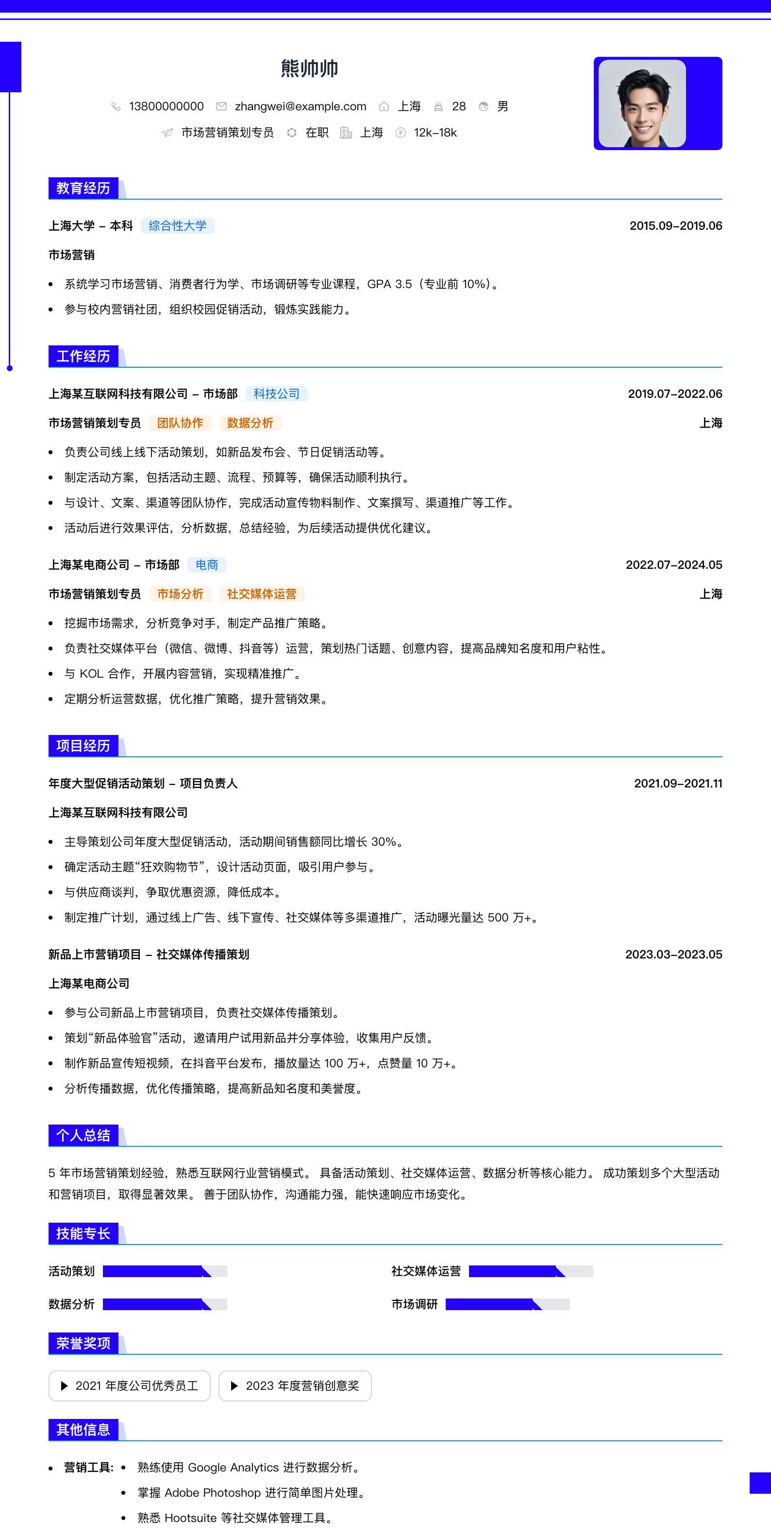 市场营销策划专员简历模板