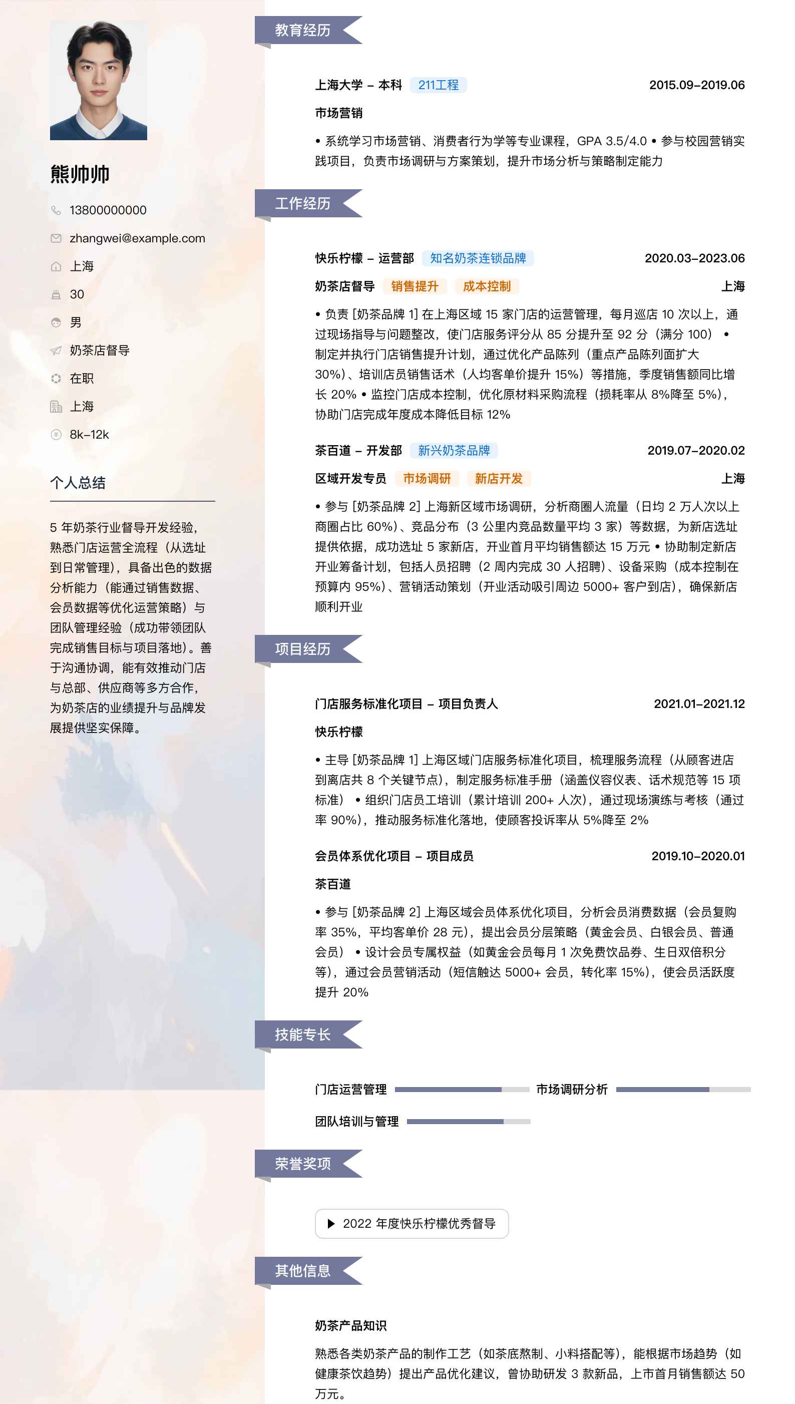 奶茶店督导简历模板