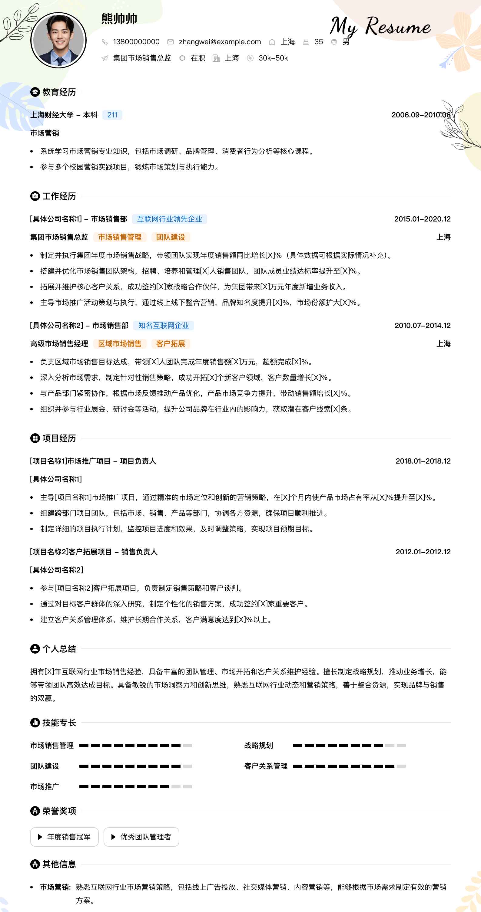 集团市场销售总监简历模板