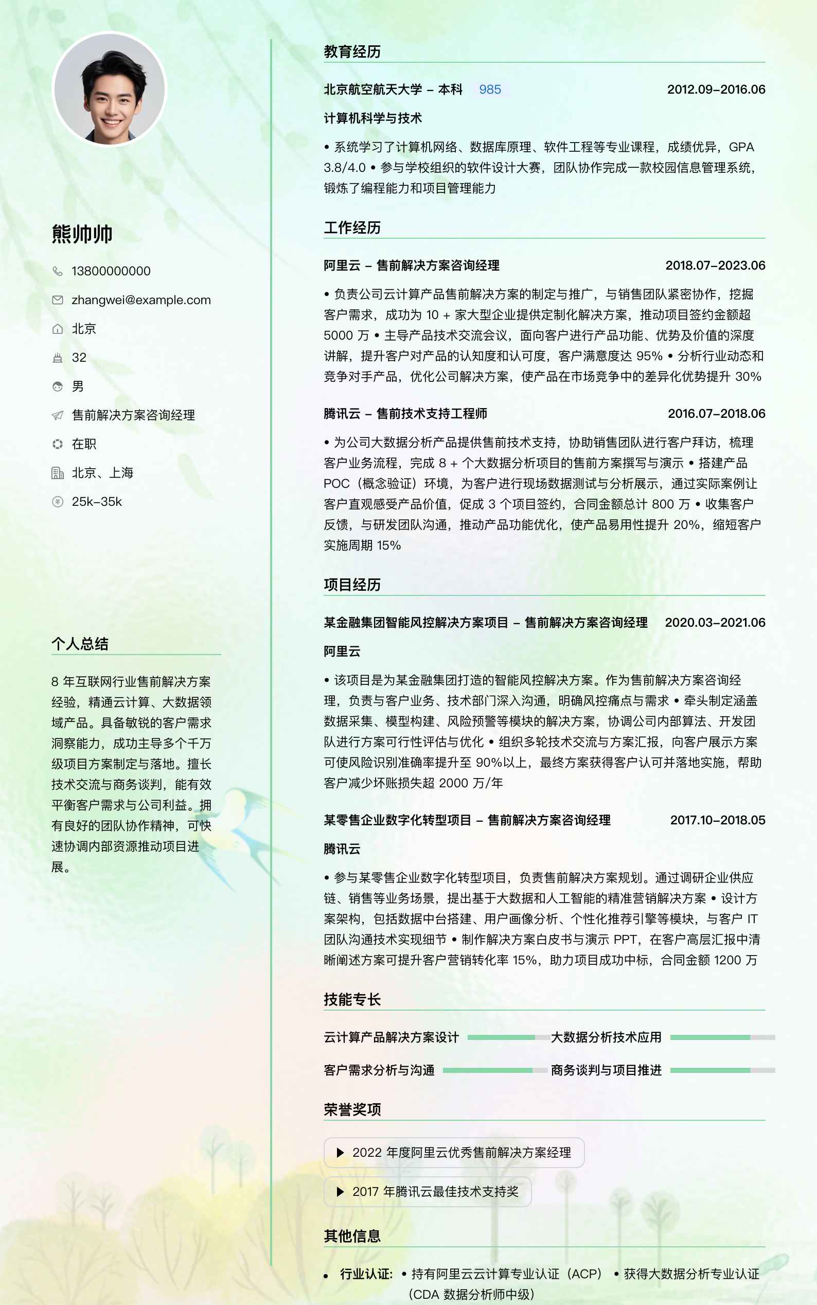售前解决方案咨询经理简历模板
