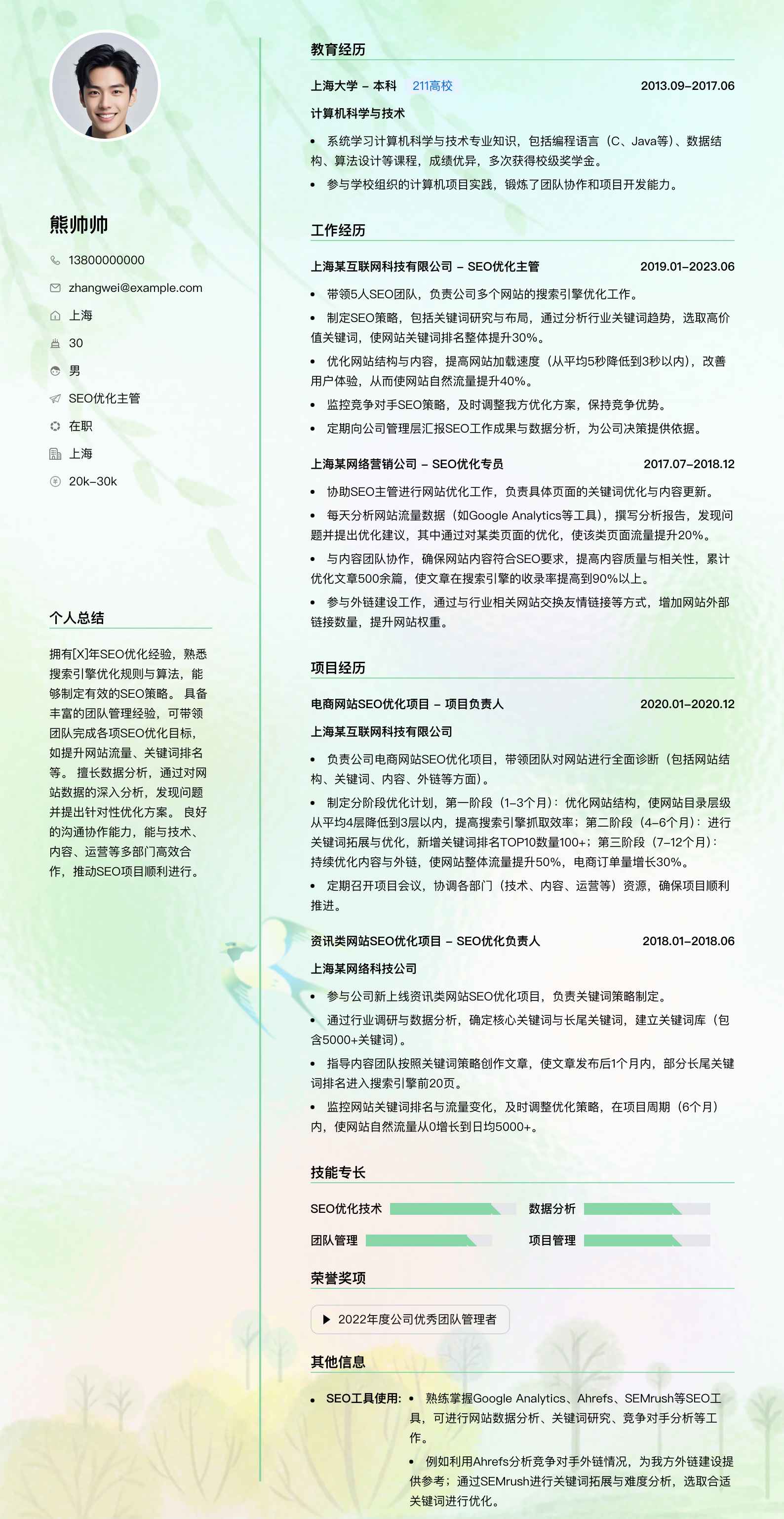 seo优化主管简历模板
