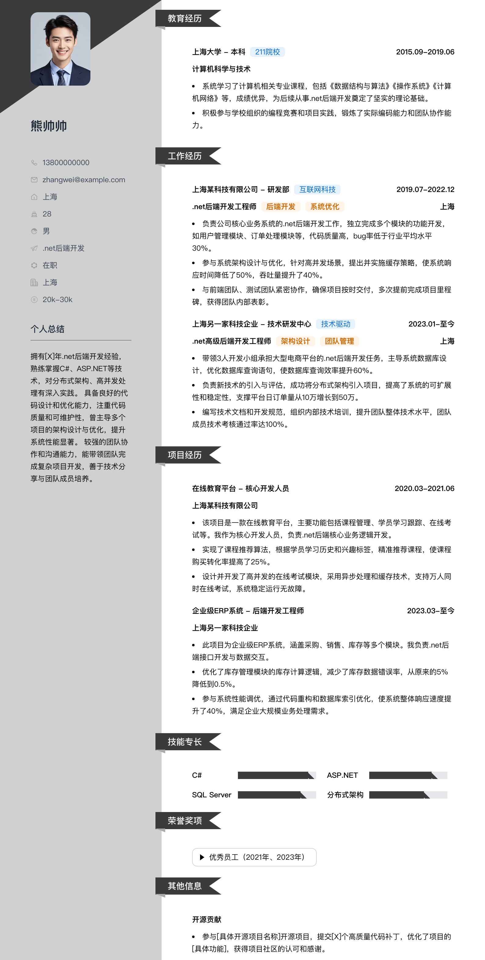 .net后端开发简历模板