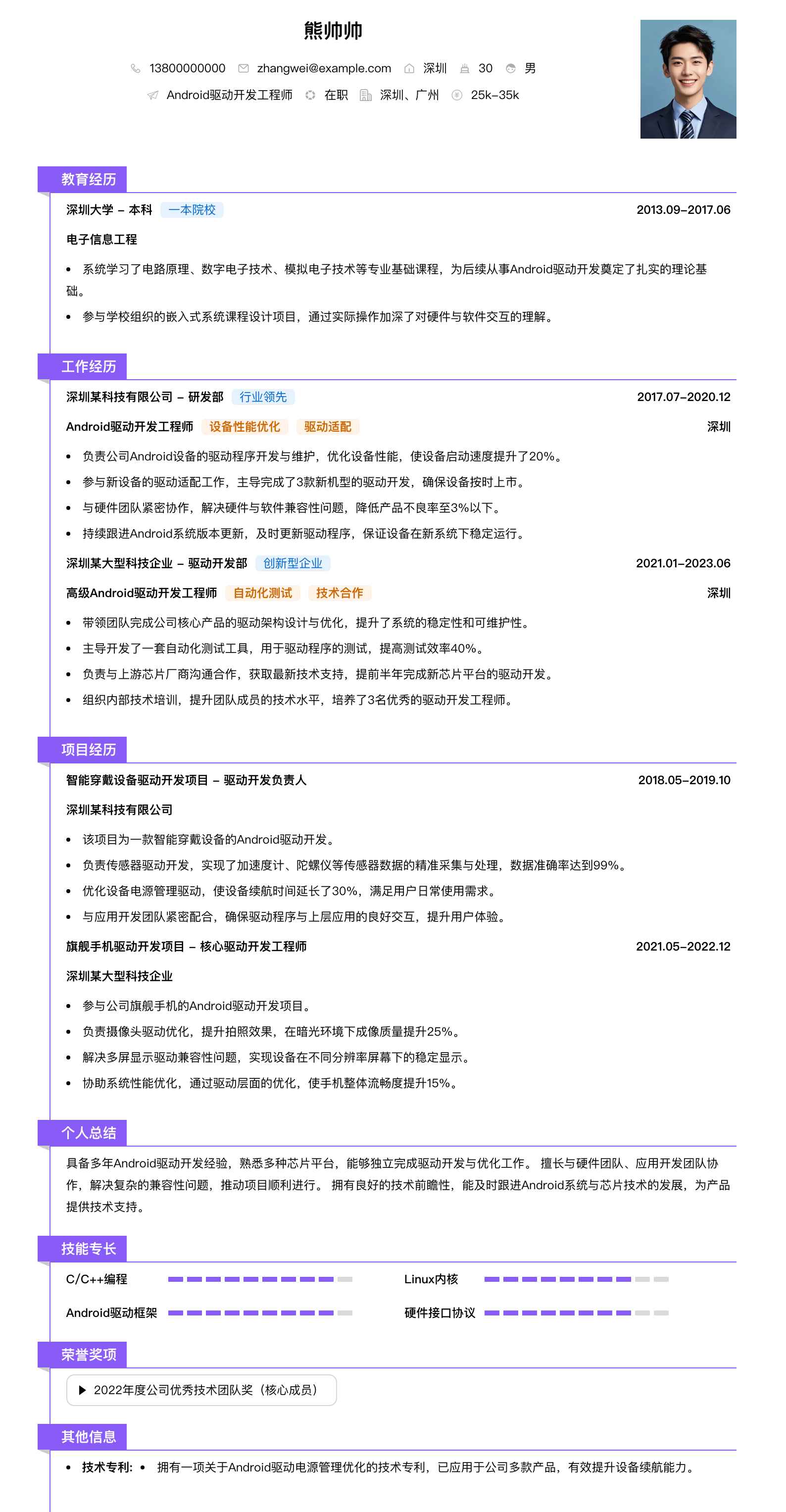 android驱动开发工程师简历模板