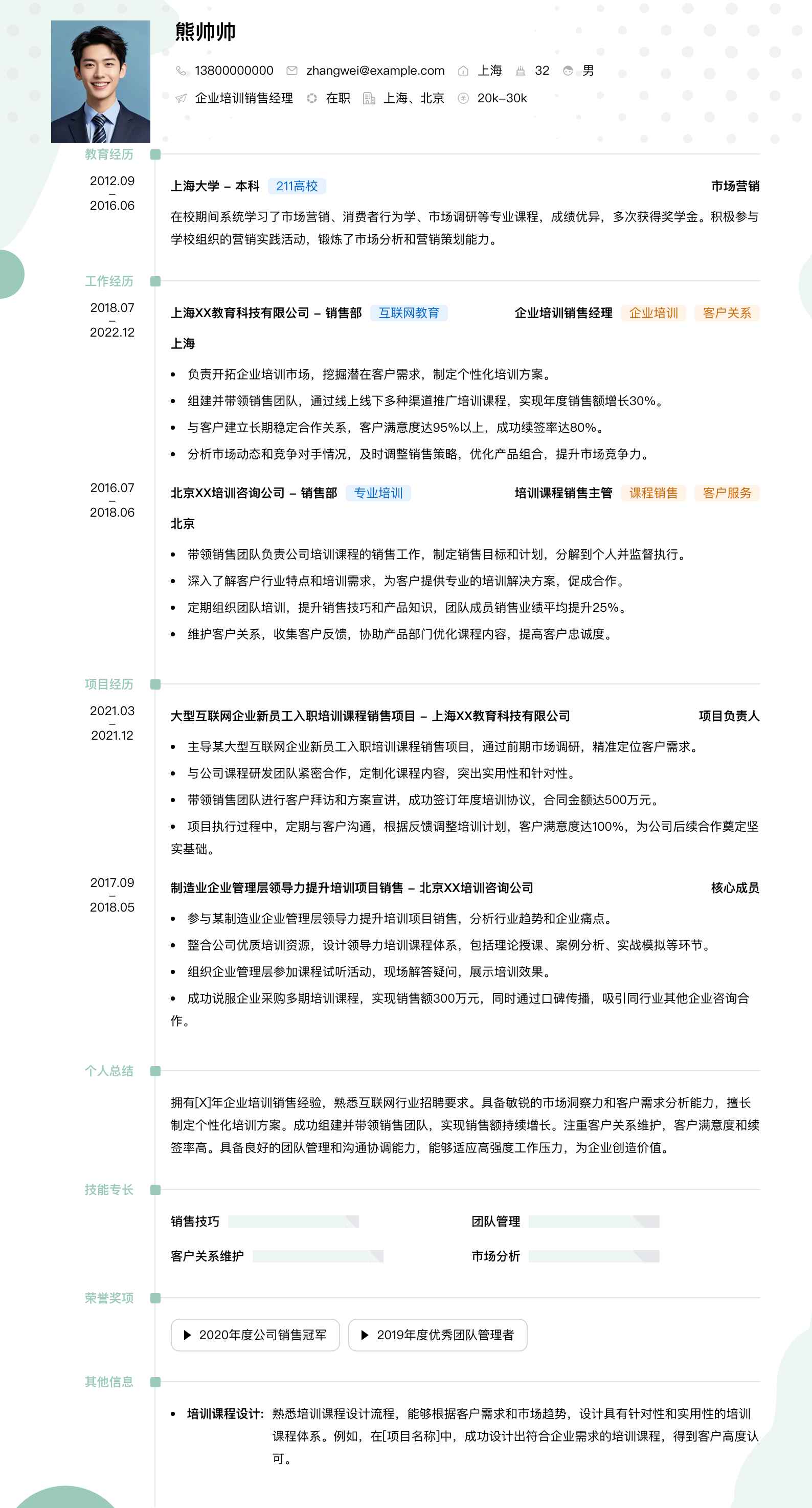 企业培训销售经理简历模板