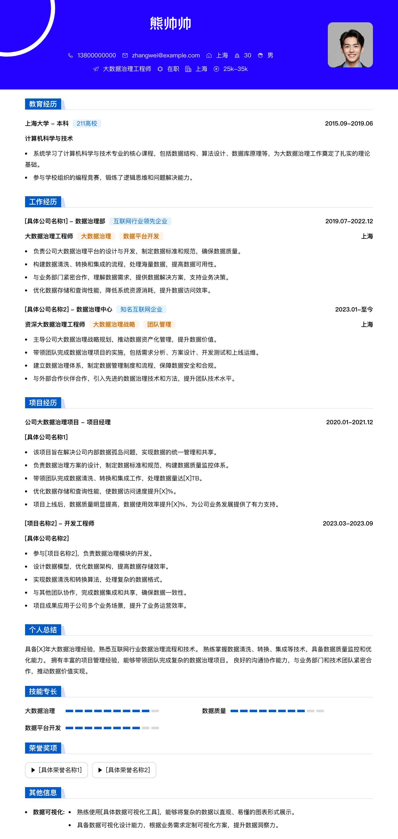 大数据治理工程师简历模板