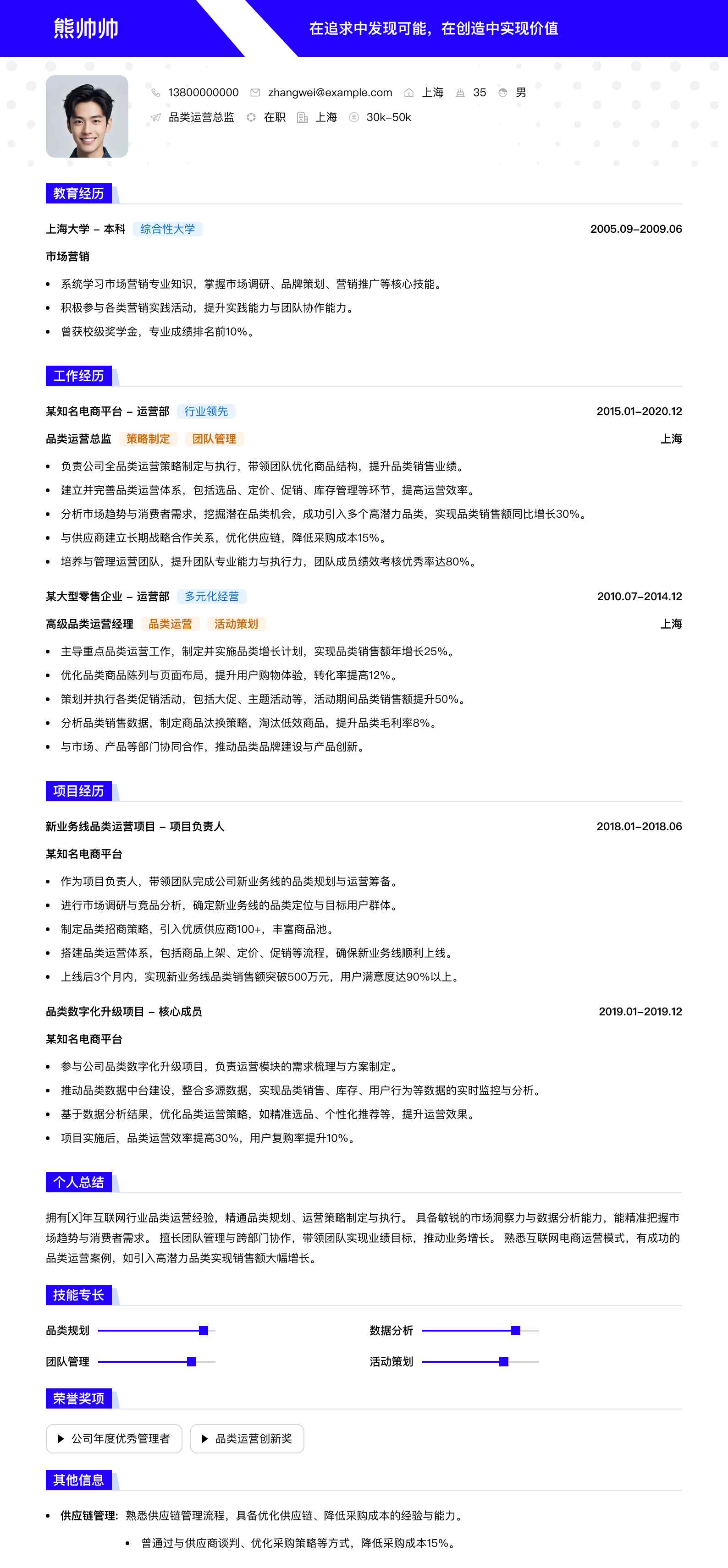 品类运营总监简历模板