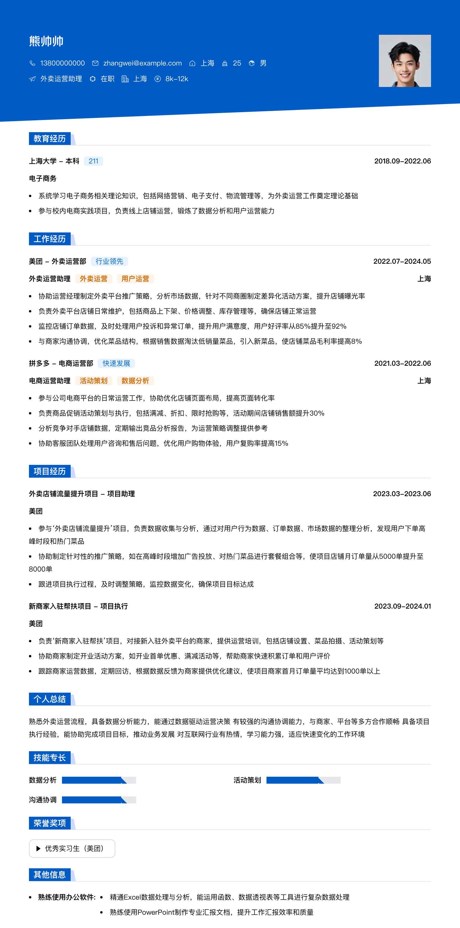 外卖运营助理简历模板