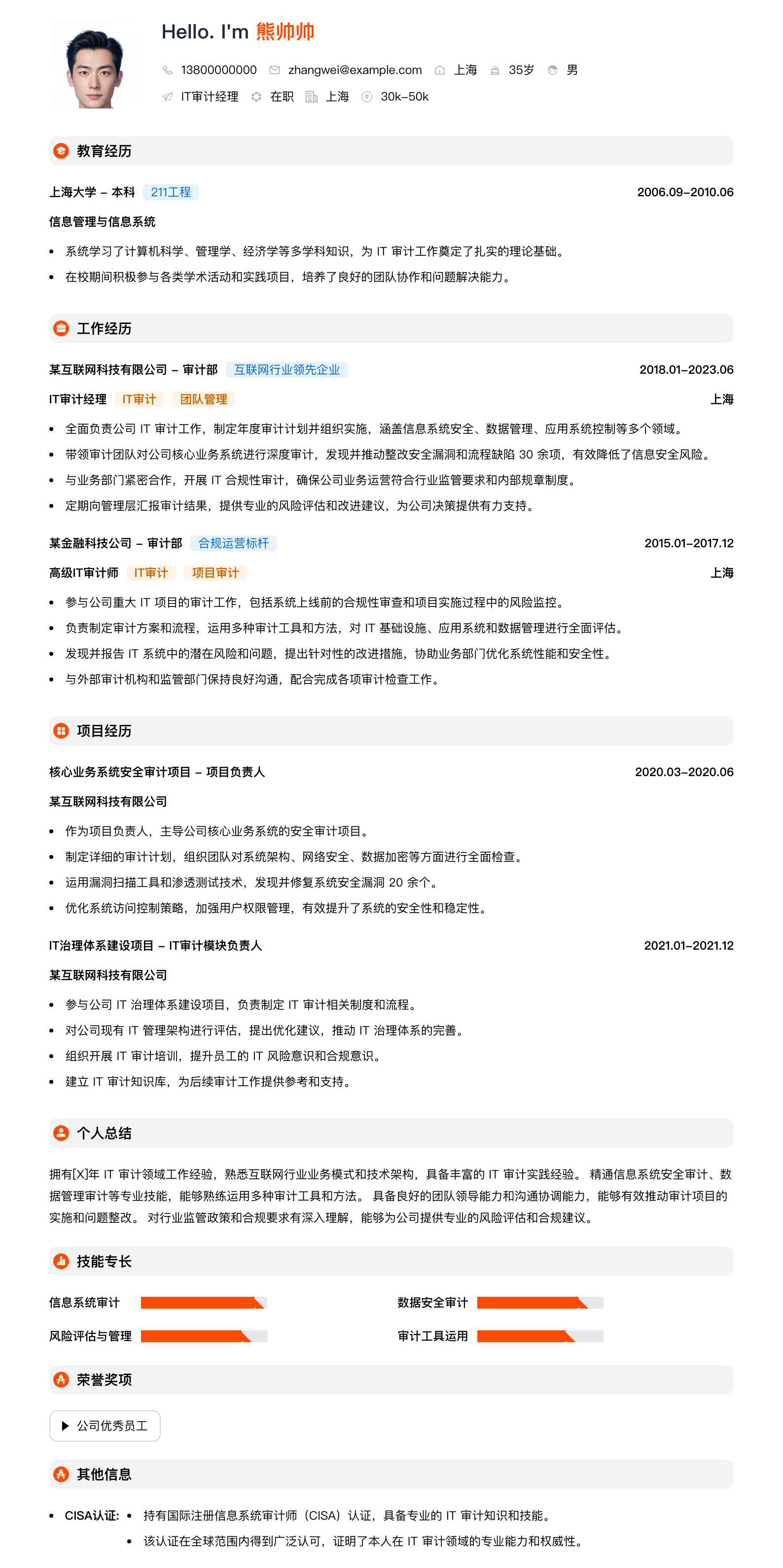 it审计经理简历模板