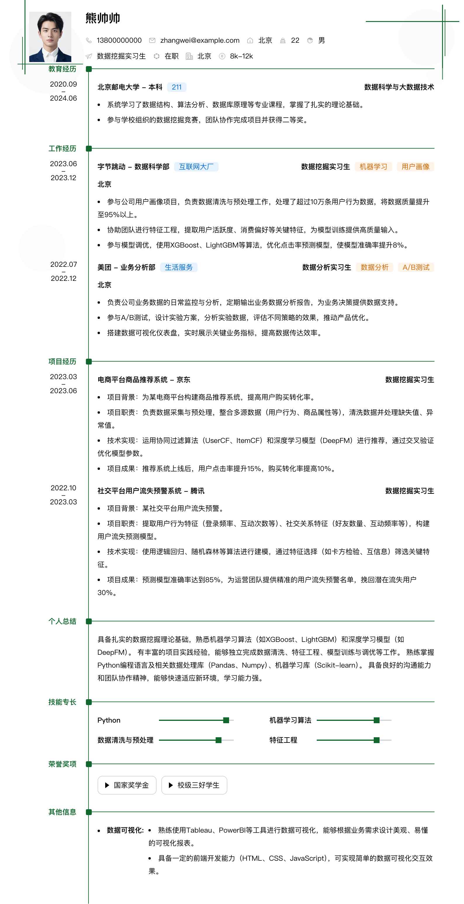 数据挖掘实习生简历模板