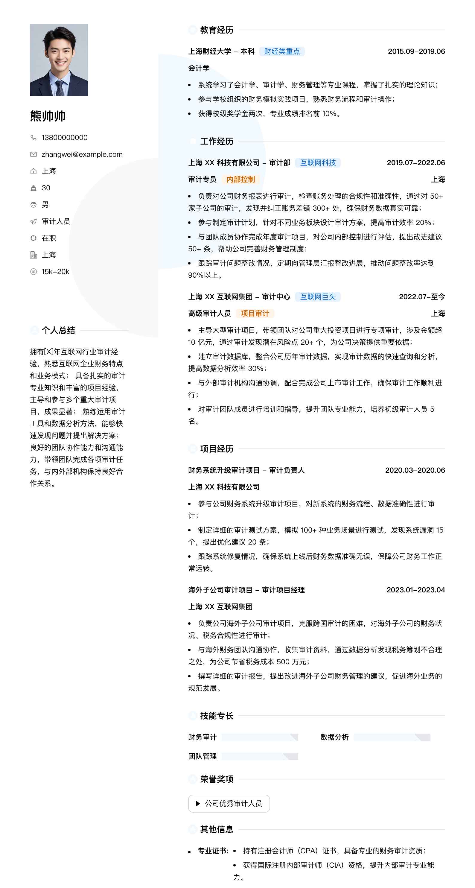 审计人员简历模板