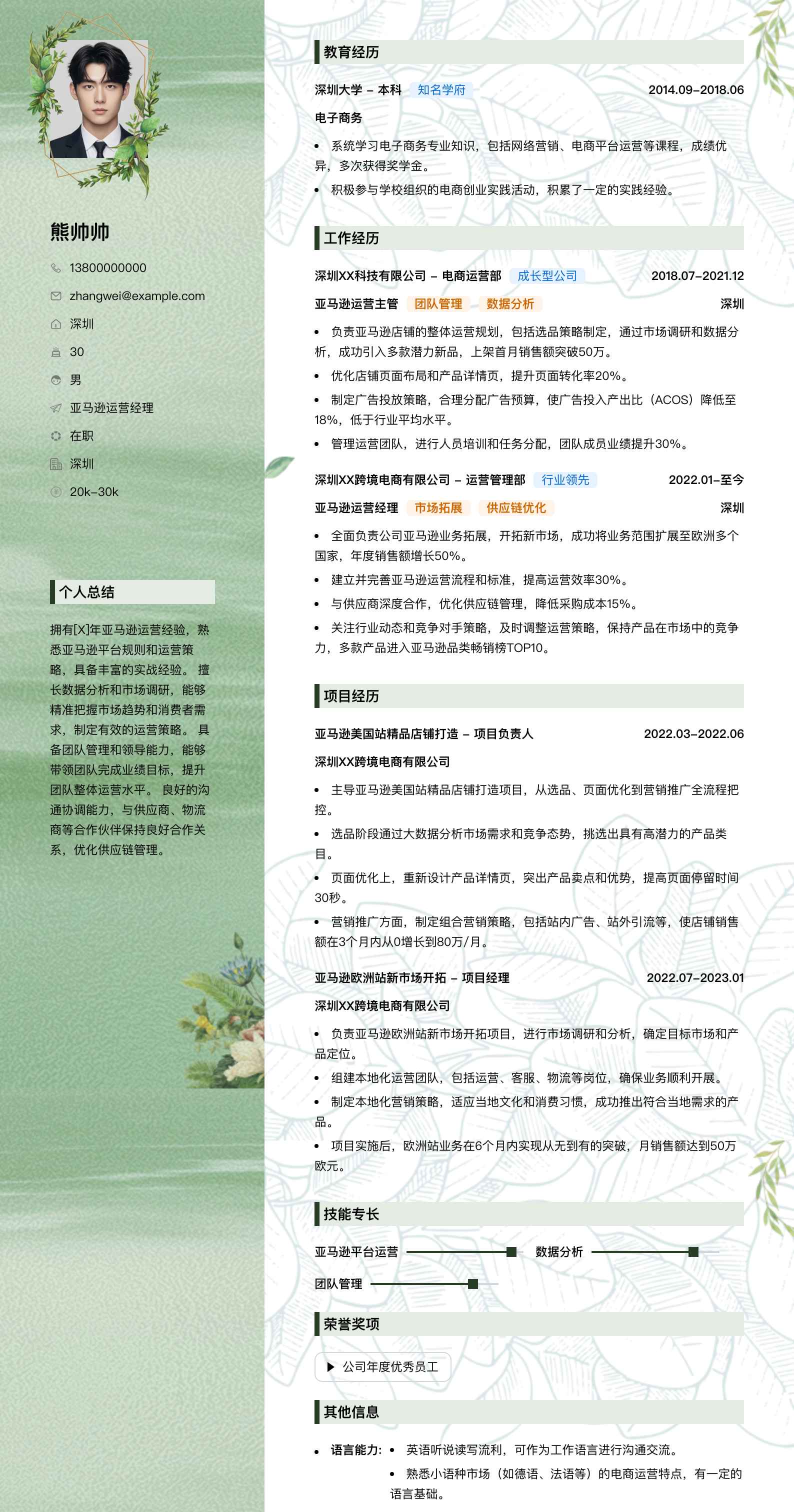亚马逊运营经理简历模板