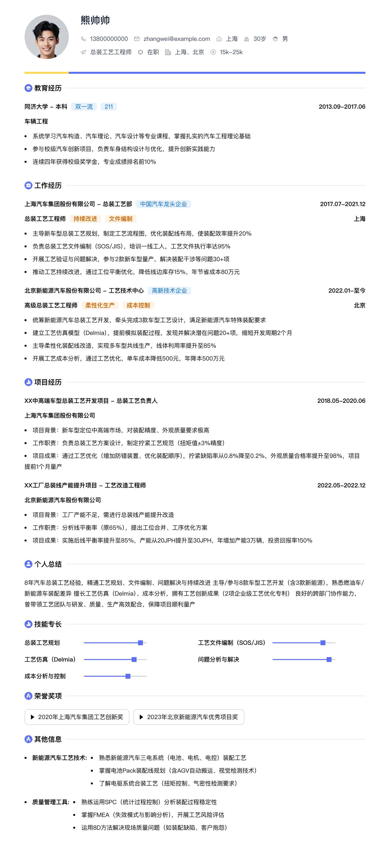 总装工艺工程师简历模板