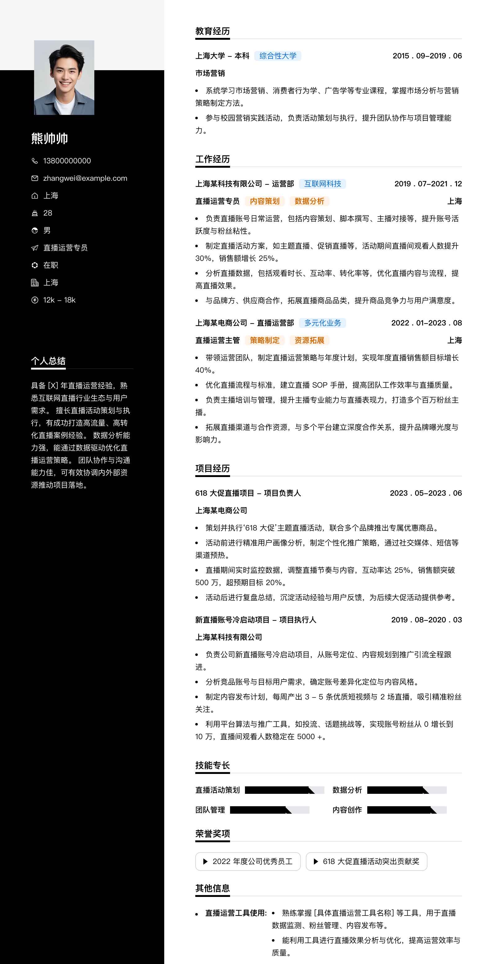 直播运营专员简历模板