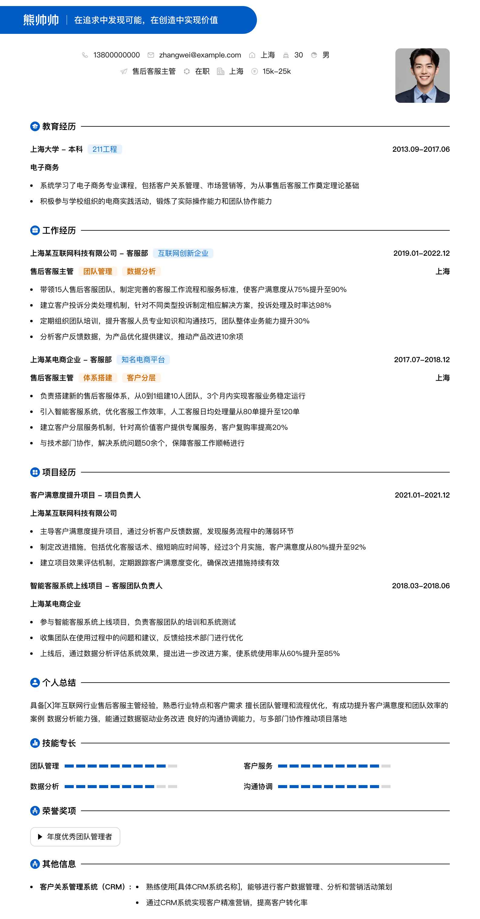 售后客服主管简历模板