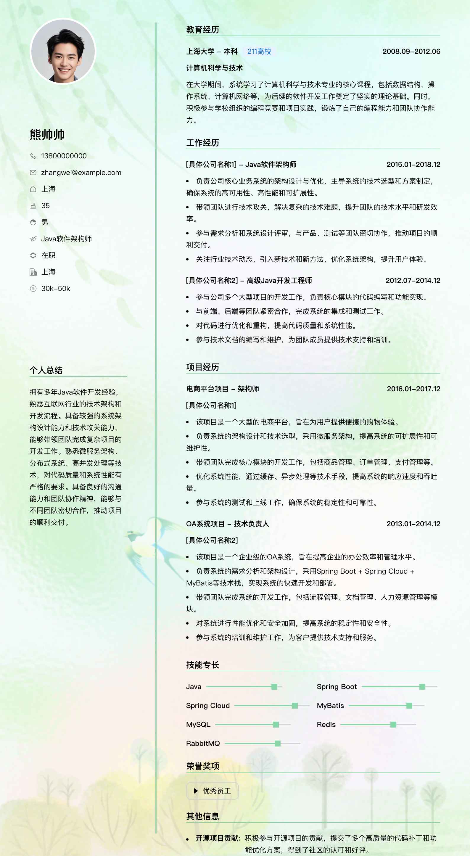 java软件架构师简历模板