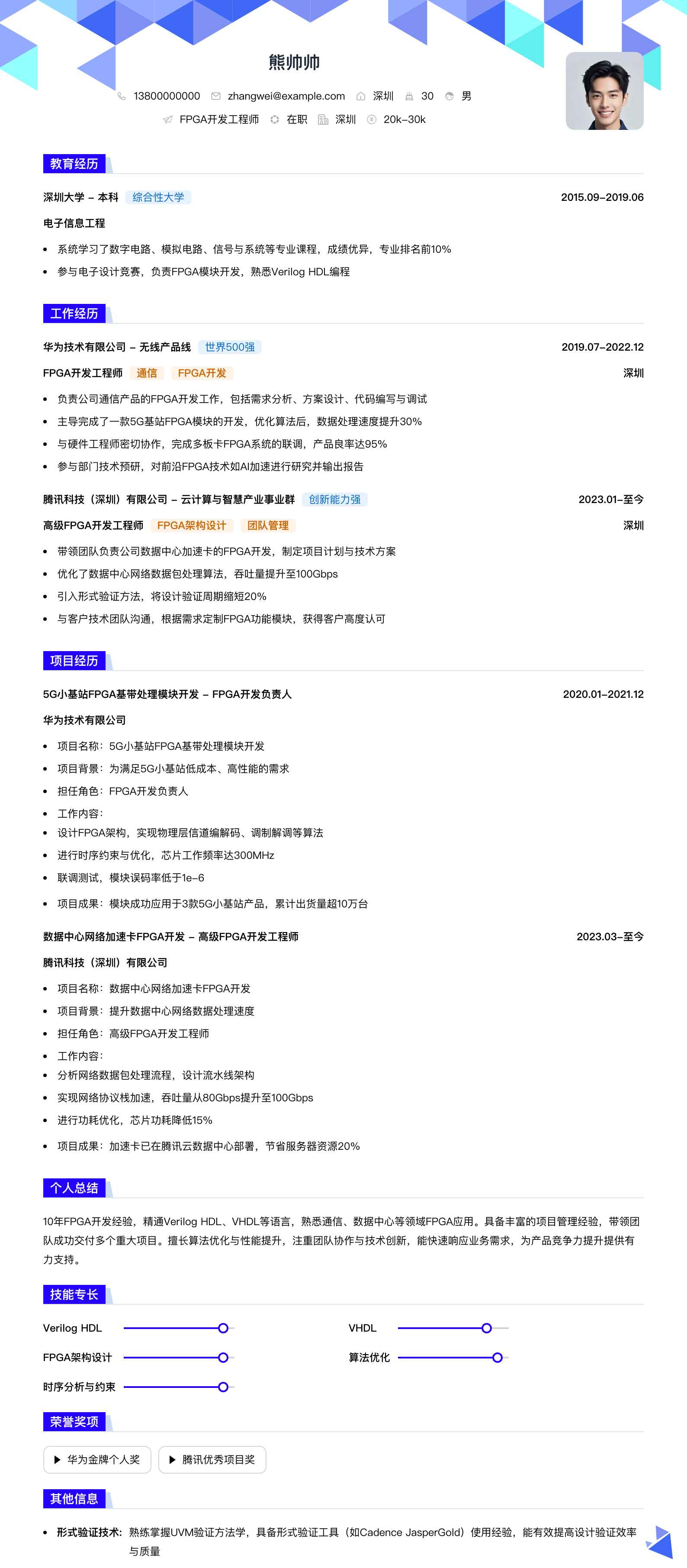fpga开发工程师简历模板