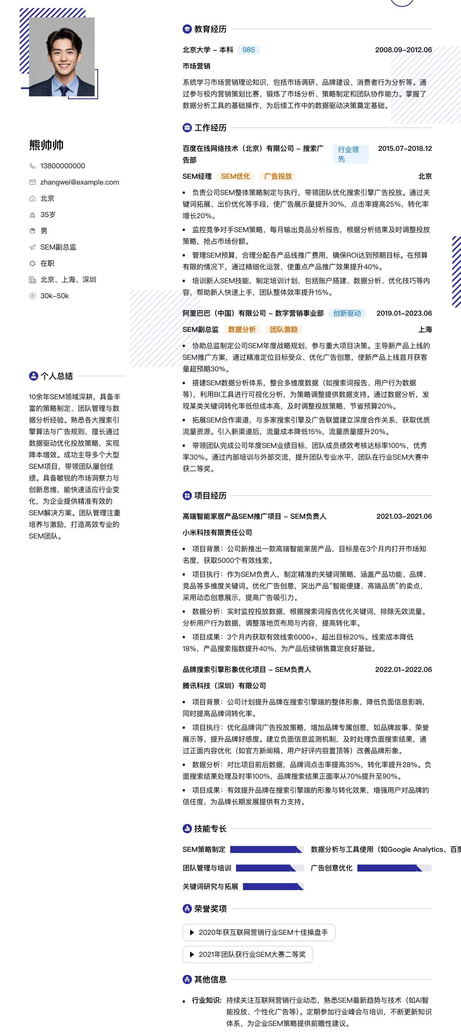 sem副总监简历模板