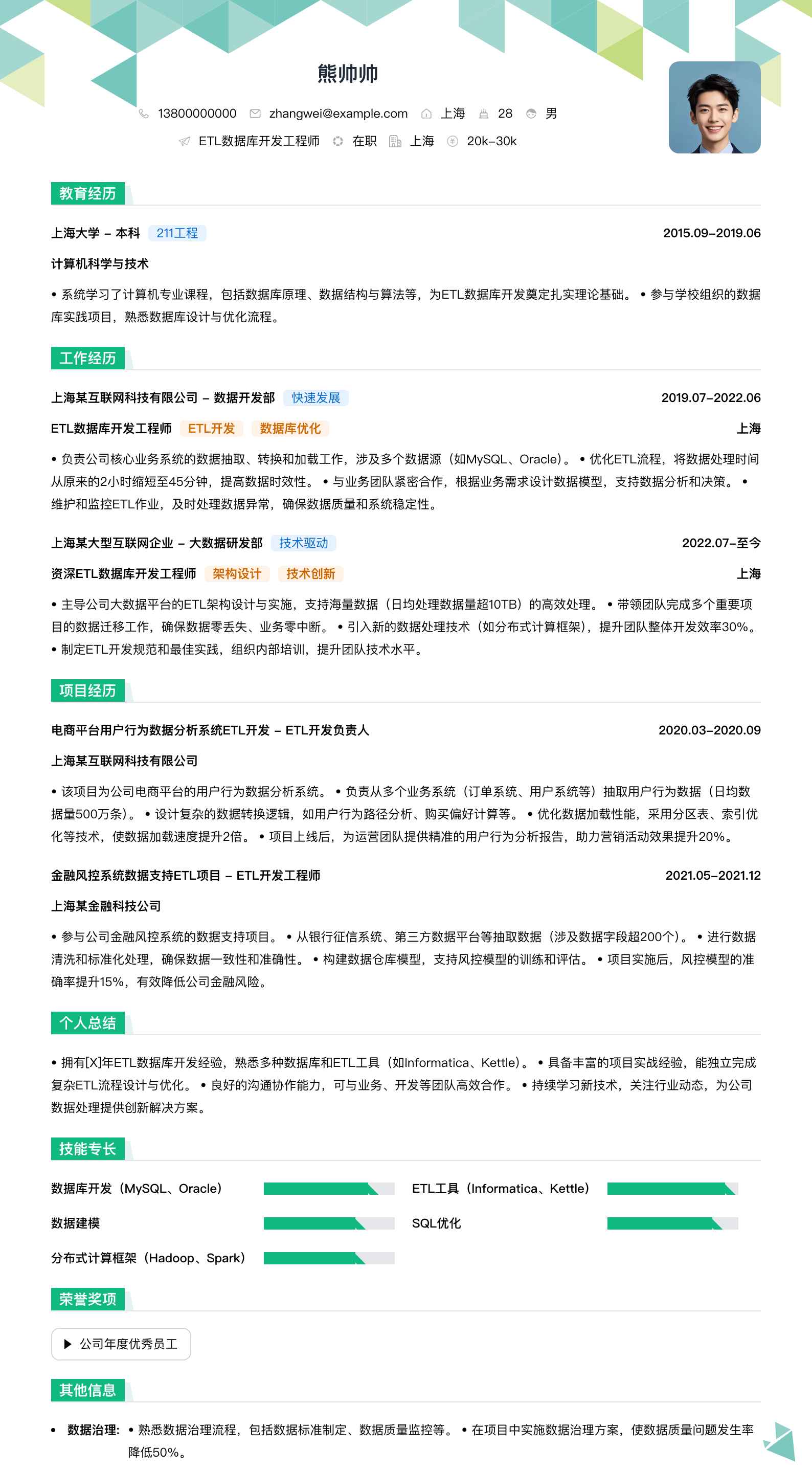 etl数据库开发工程师简历模板