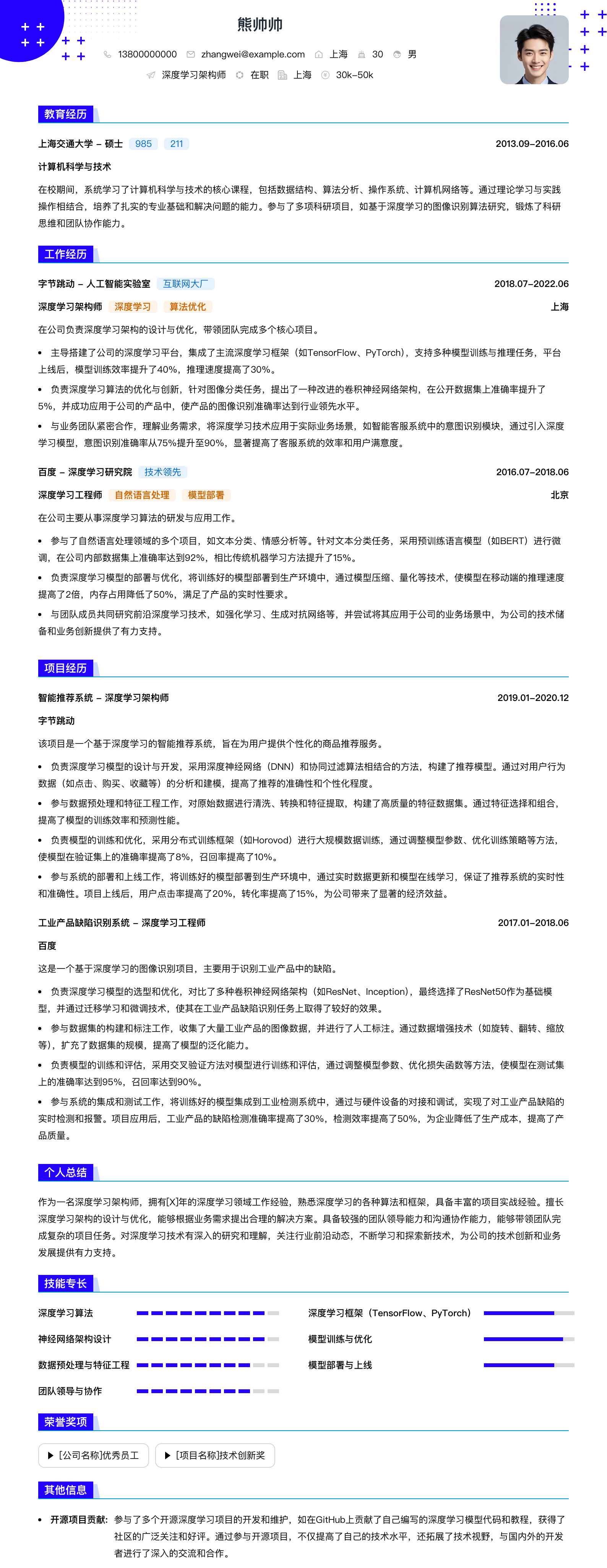 深度学习架构师简历模板