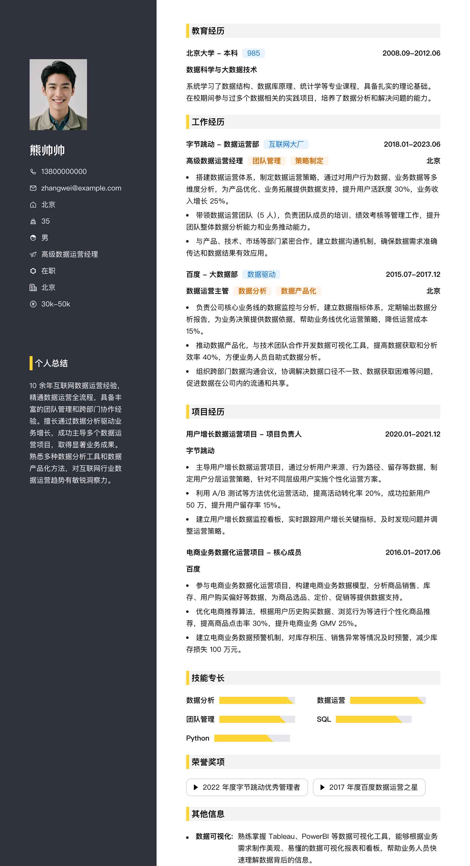 高级数据运营经理简历模板