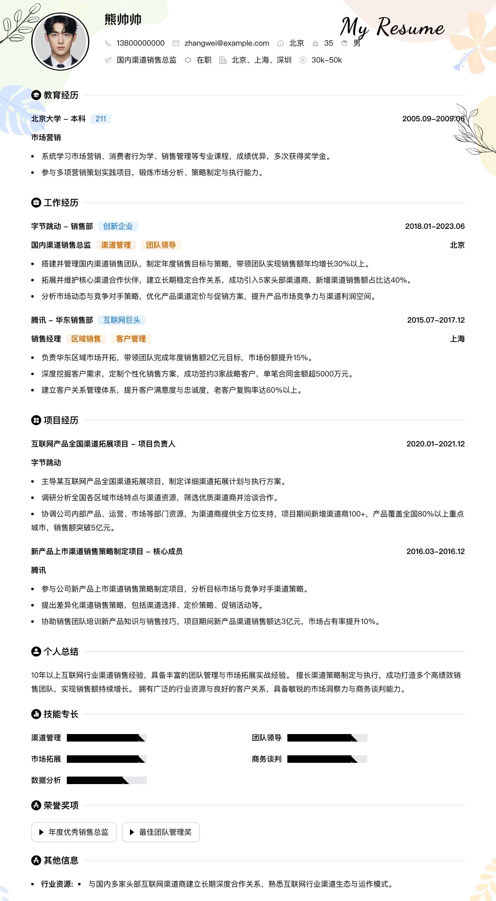 国内渠道销售总监简历模板
