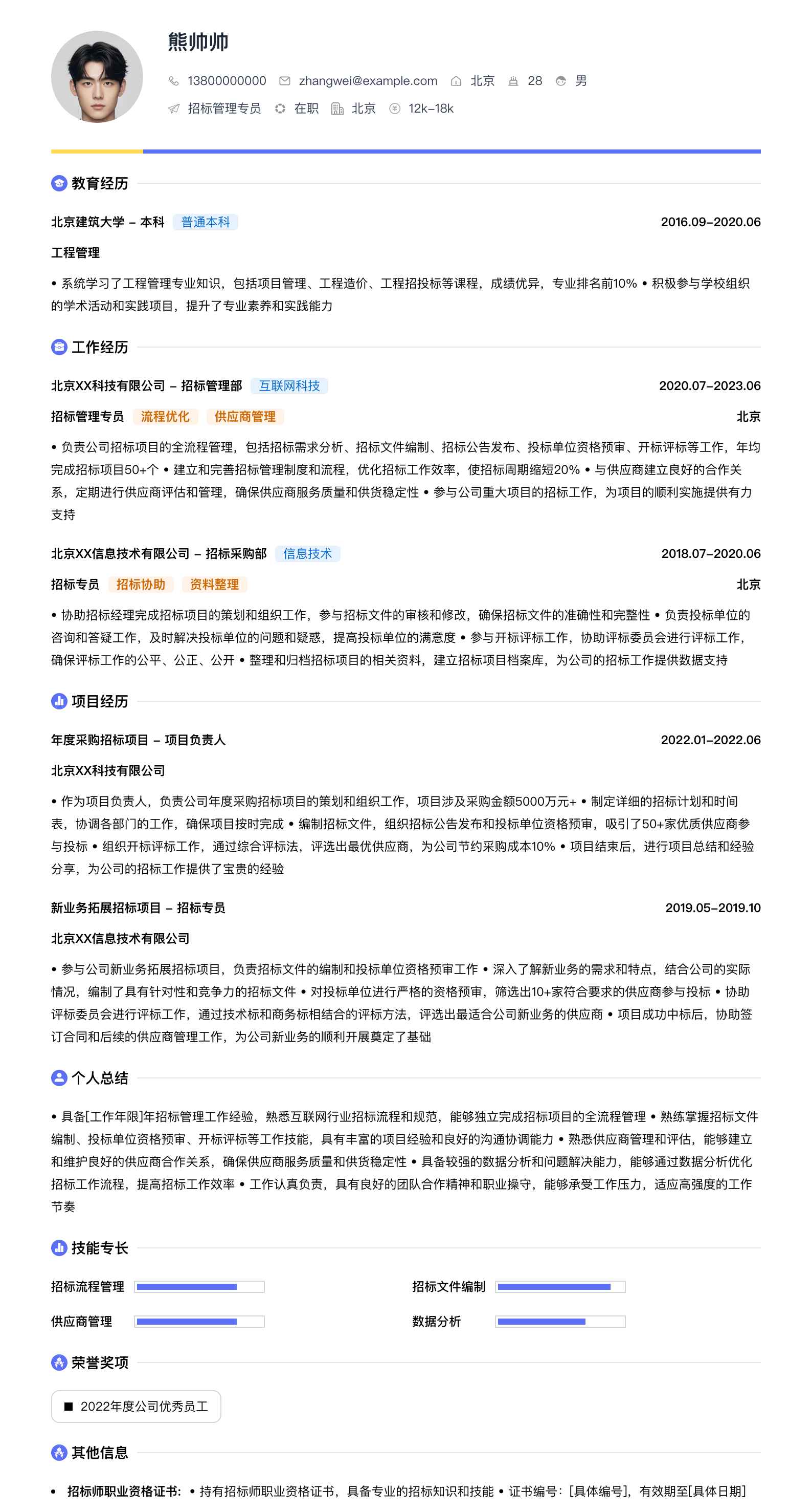 招标管理专员简历模板