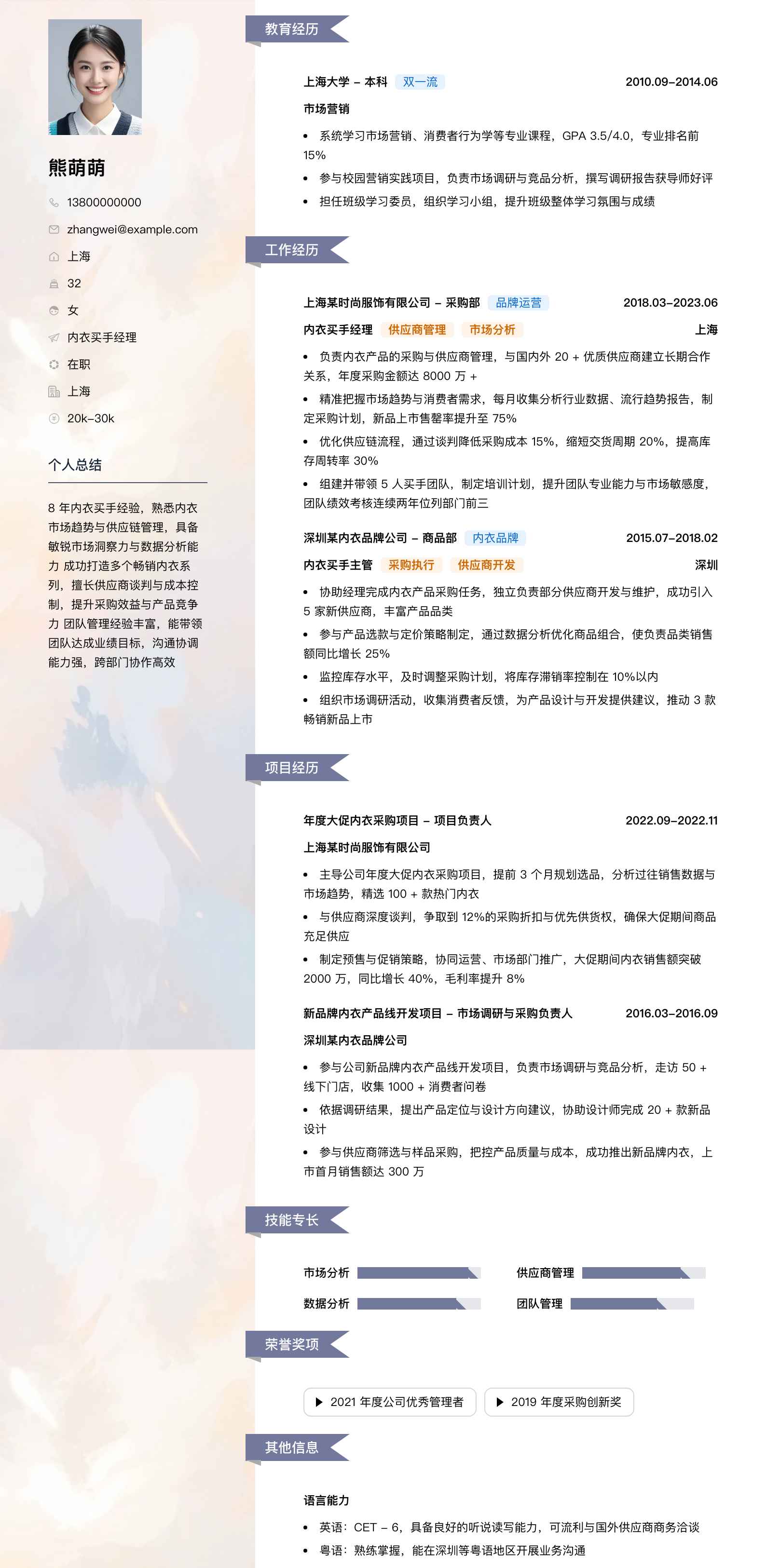 内衣买手经理简历模板