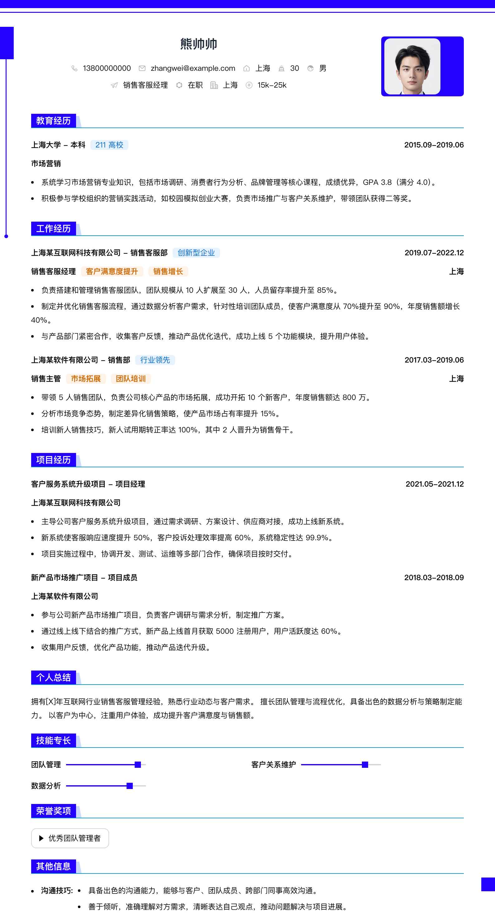 销售客服经理简历模板