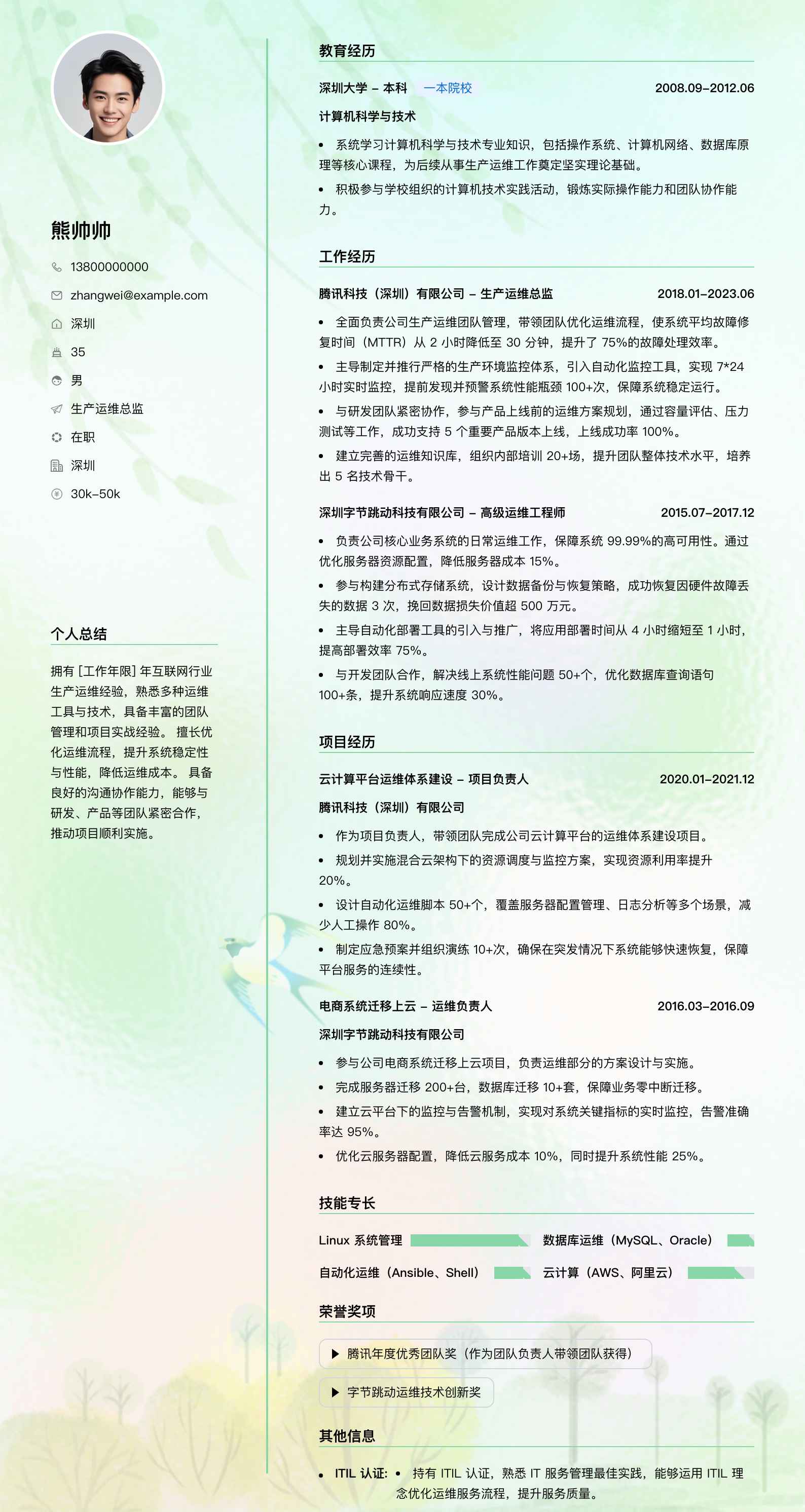 生产运维总监简历模板